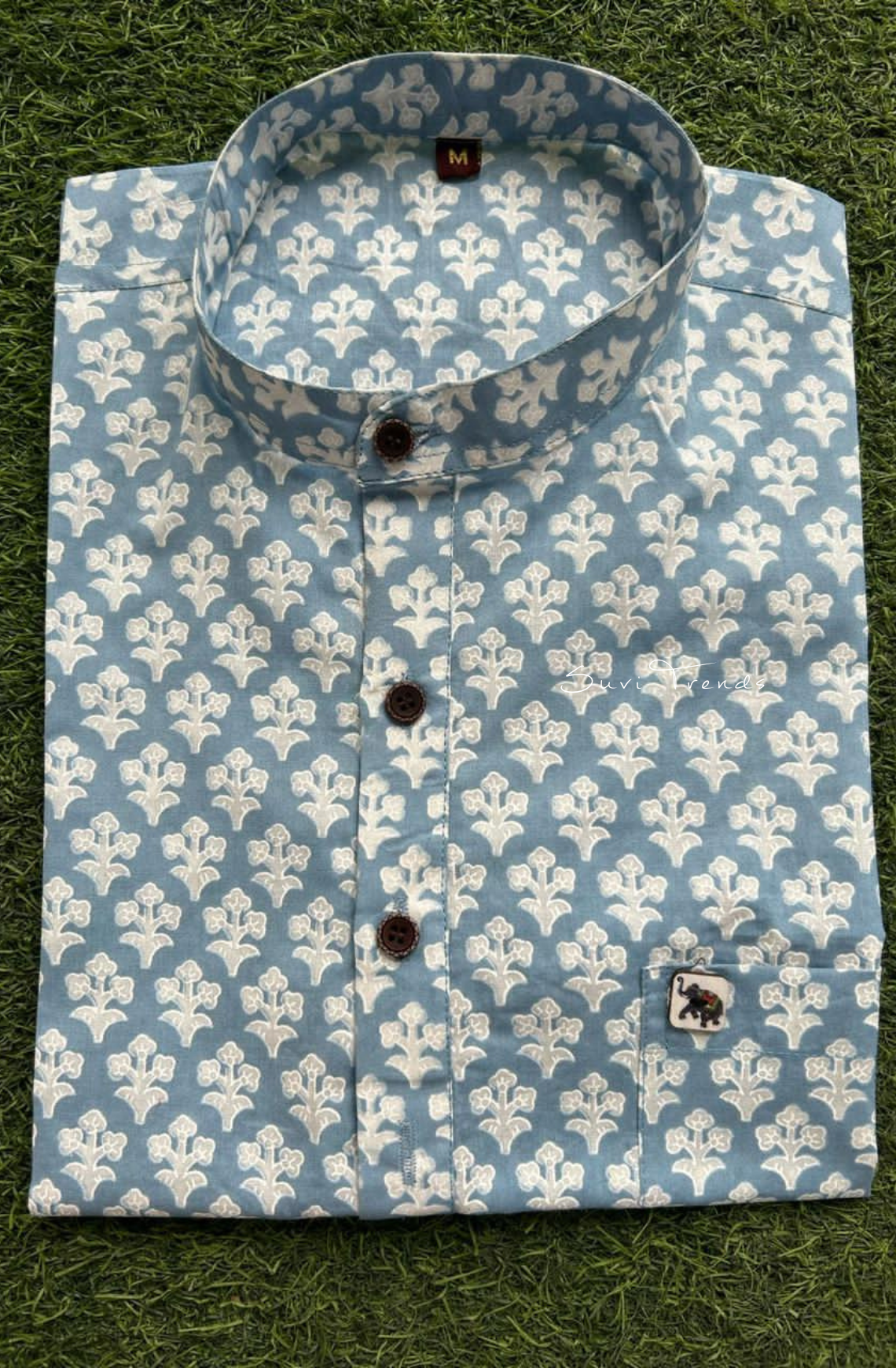 Men's Floral Printed Half Kurta - Navy Blue