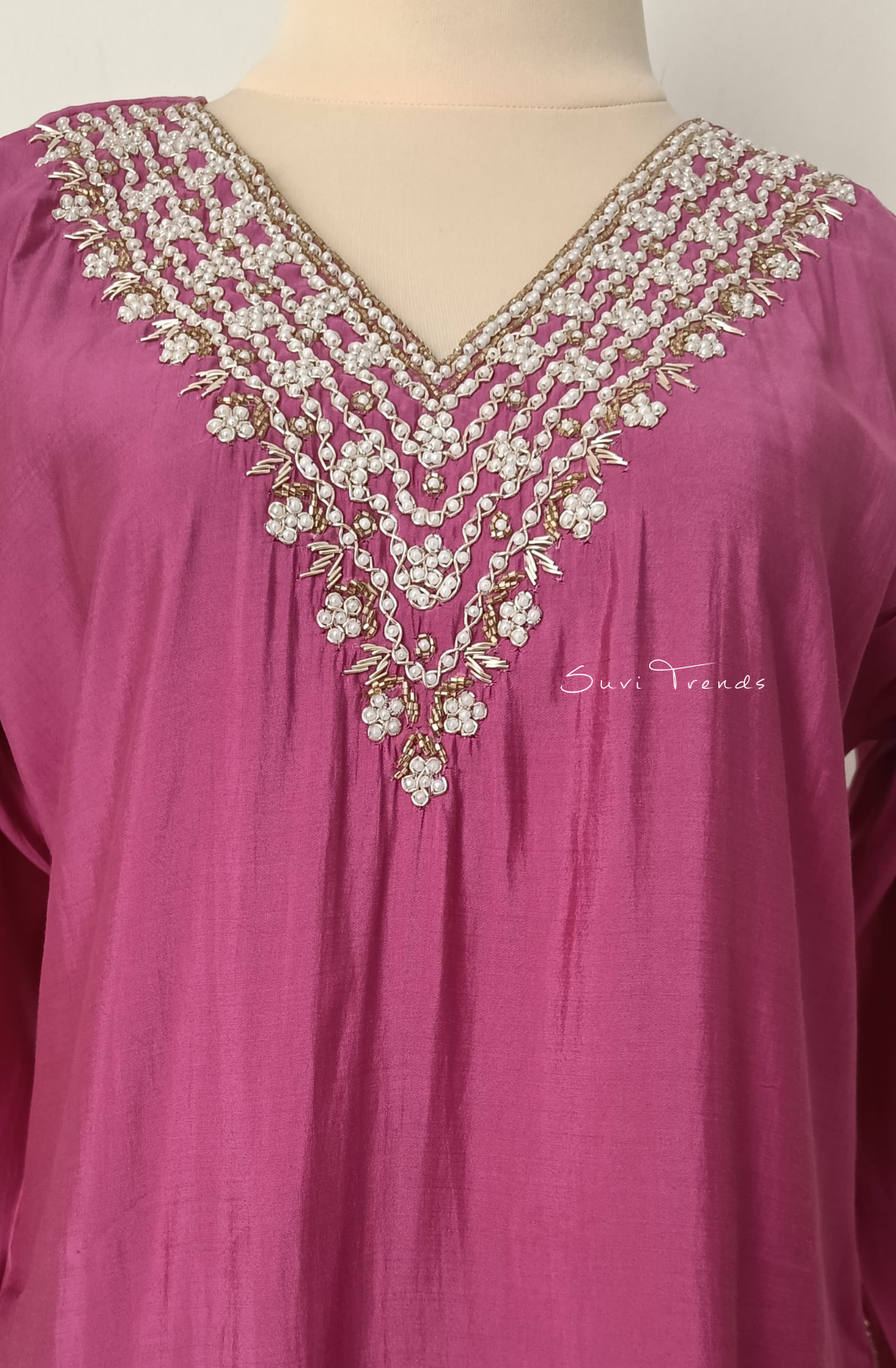 Muslin Suit Set with Pearl Bead Work - Pink