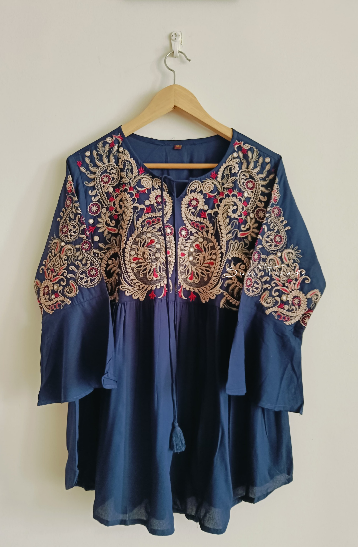 Embroidered Cotton Kurti with Tassels - Ink Blue