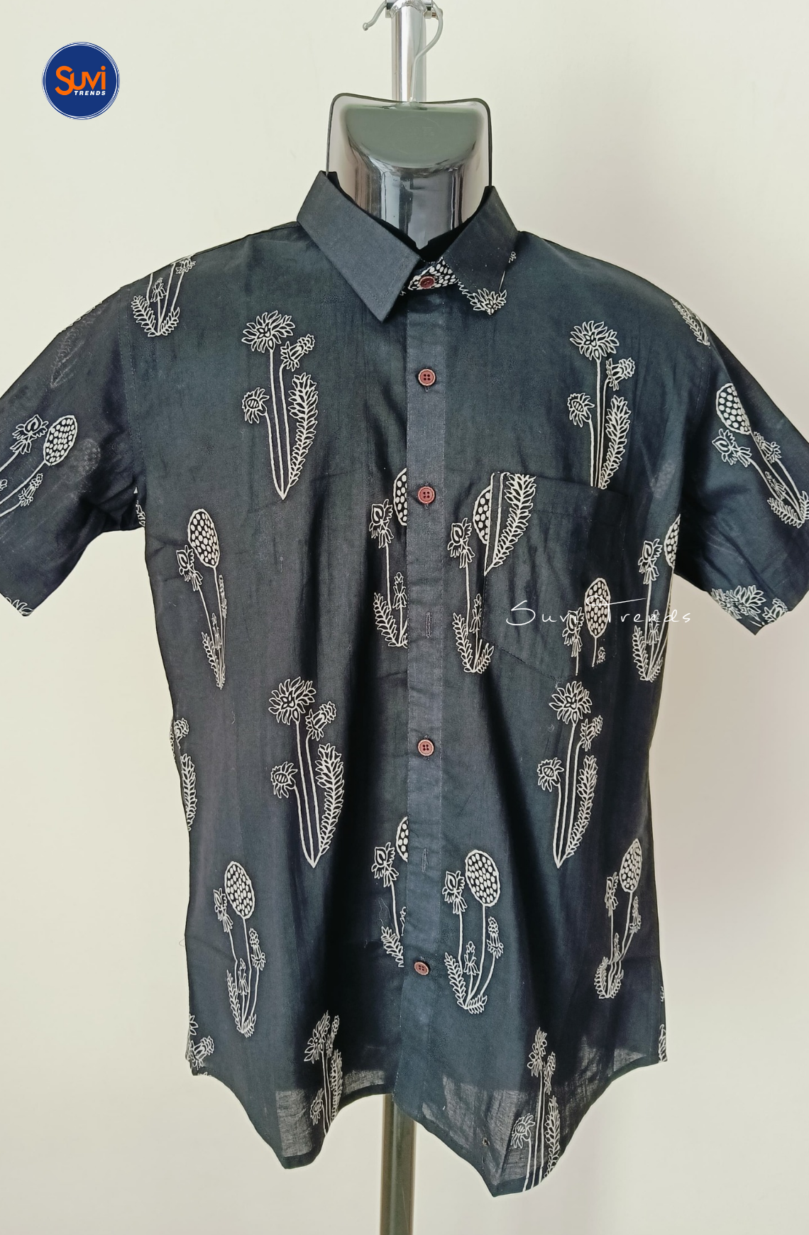 Men's Botanical Print Cotton Shirt - Black
