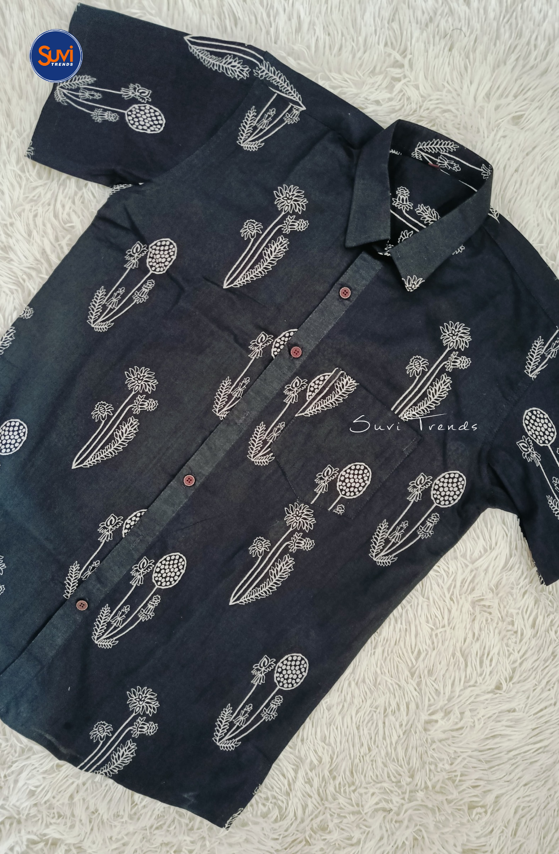 Men's Botanical Print Cotton Shirt - Black