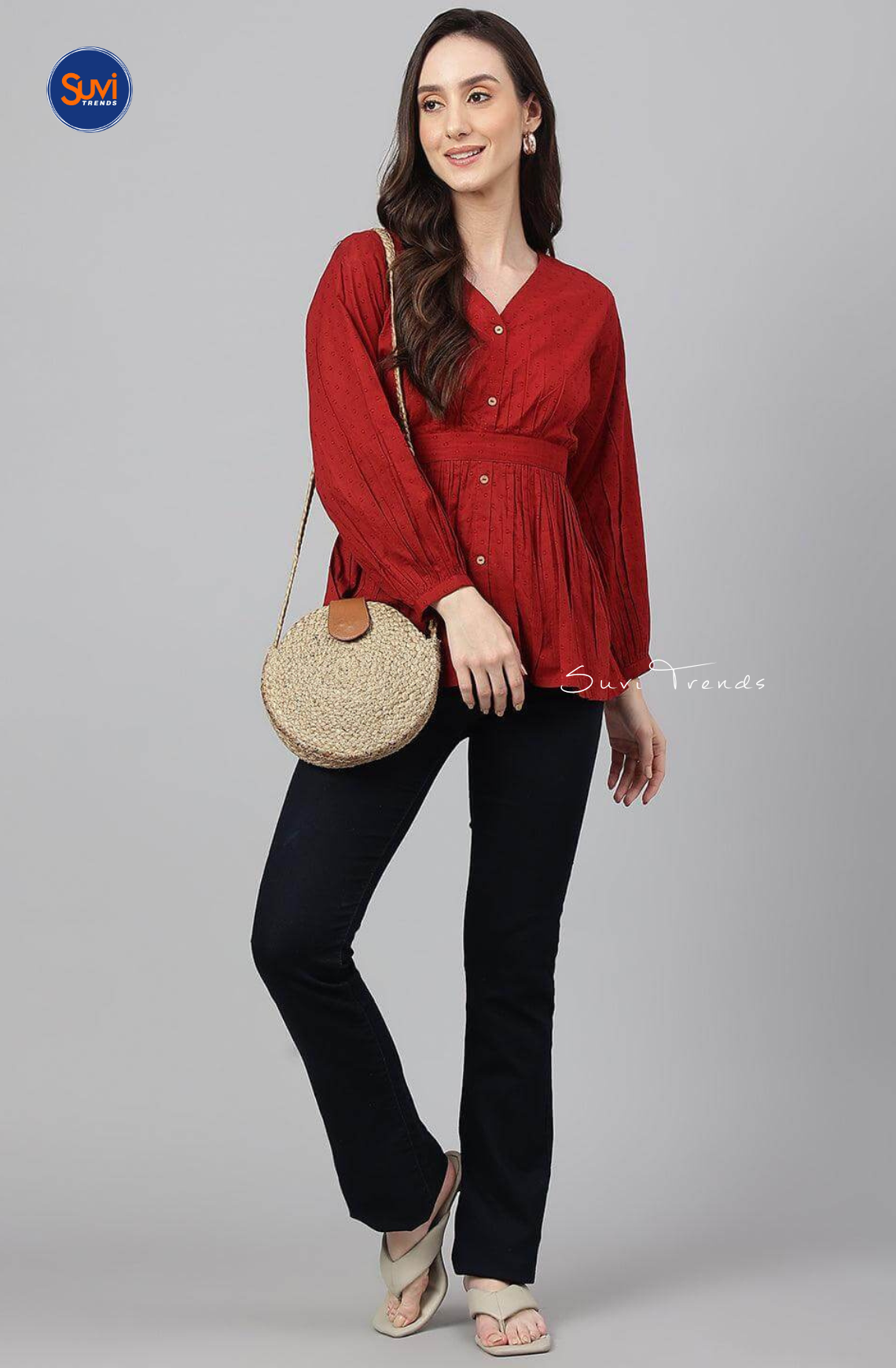 Dobby Cotton Wrap Around Short Top - Red