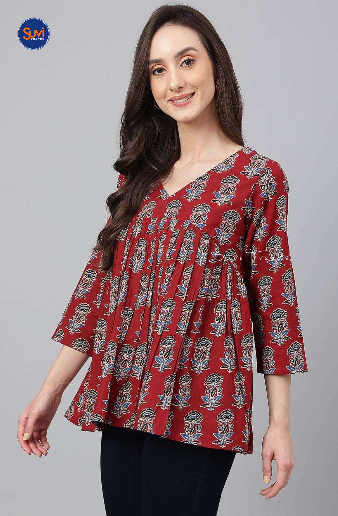Floral Printed Gathered Short Top - Maroon