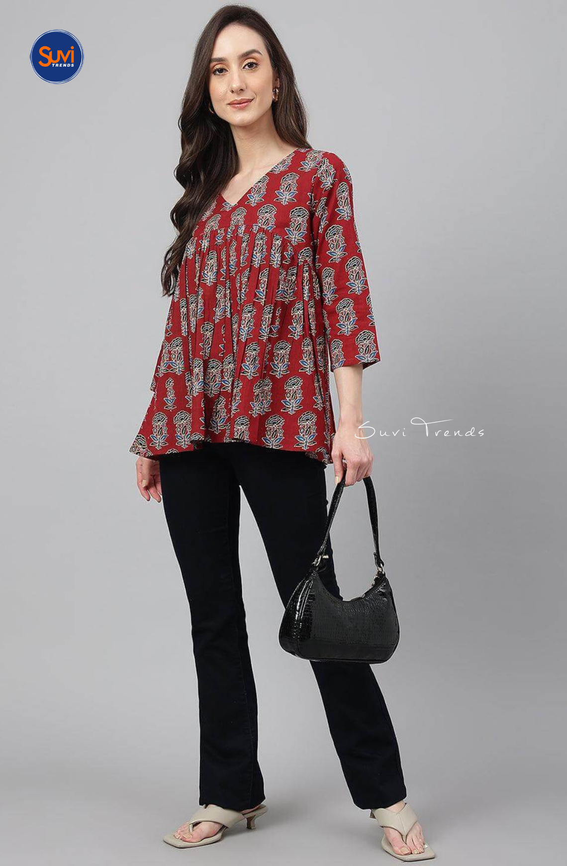 Floral Printed Gathered Short Top - Maroon