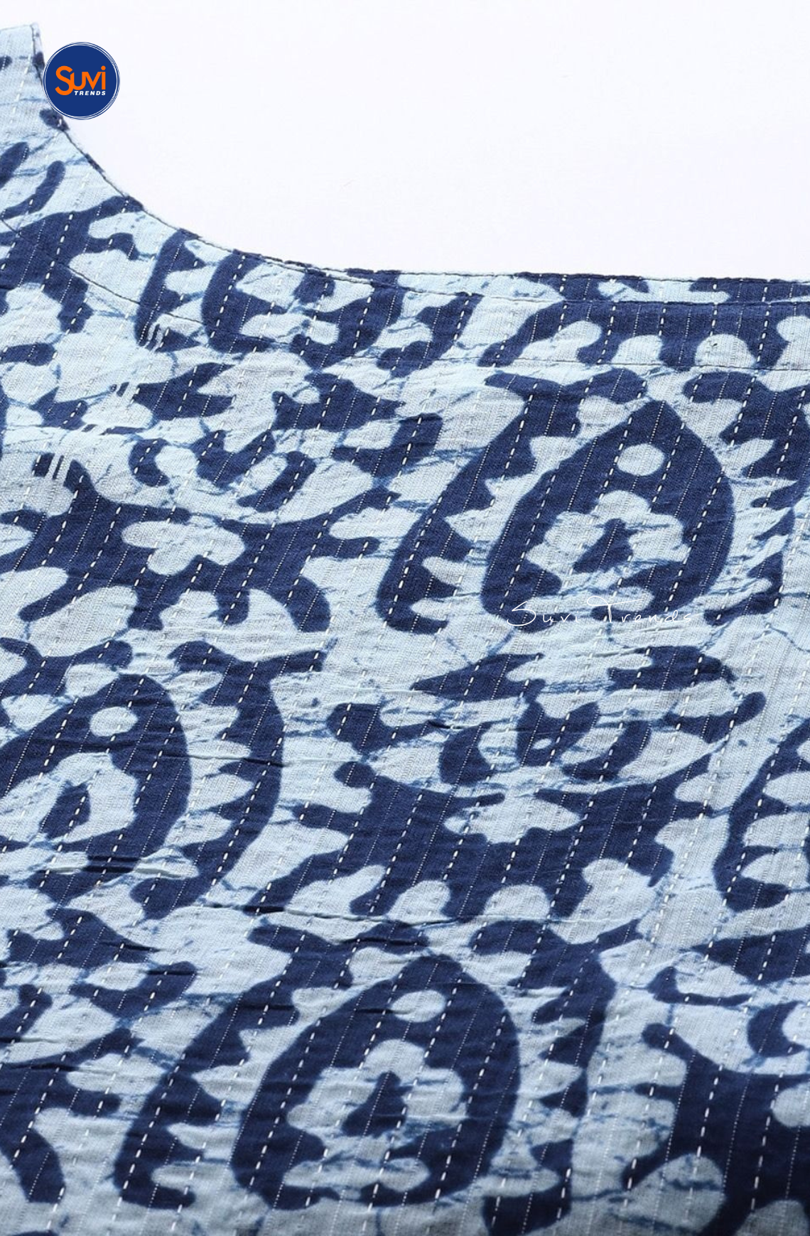 Kantha Cotton Printed Long Kurta - Navy Blue