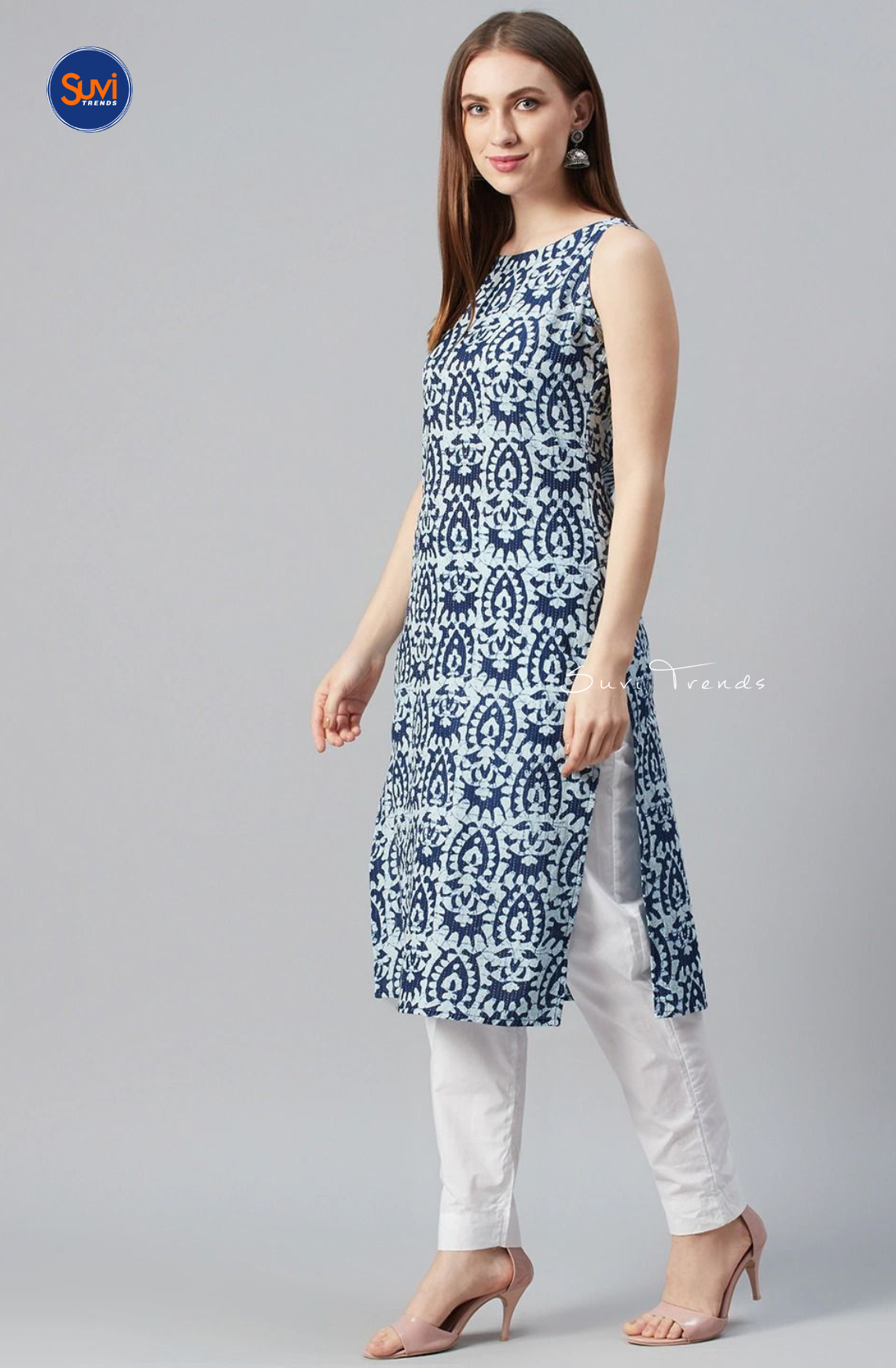 Kantha Cotton Printed Long Kurta - Navy Blue