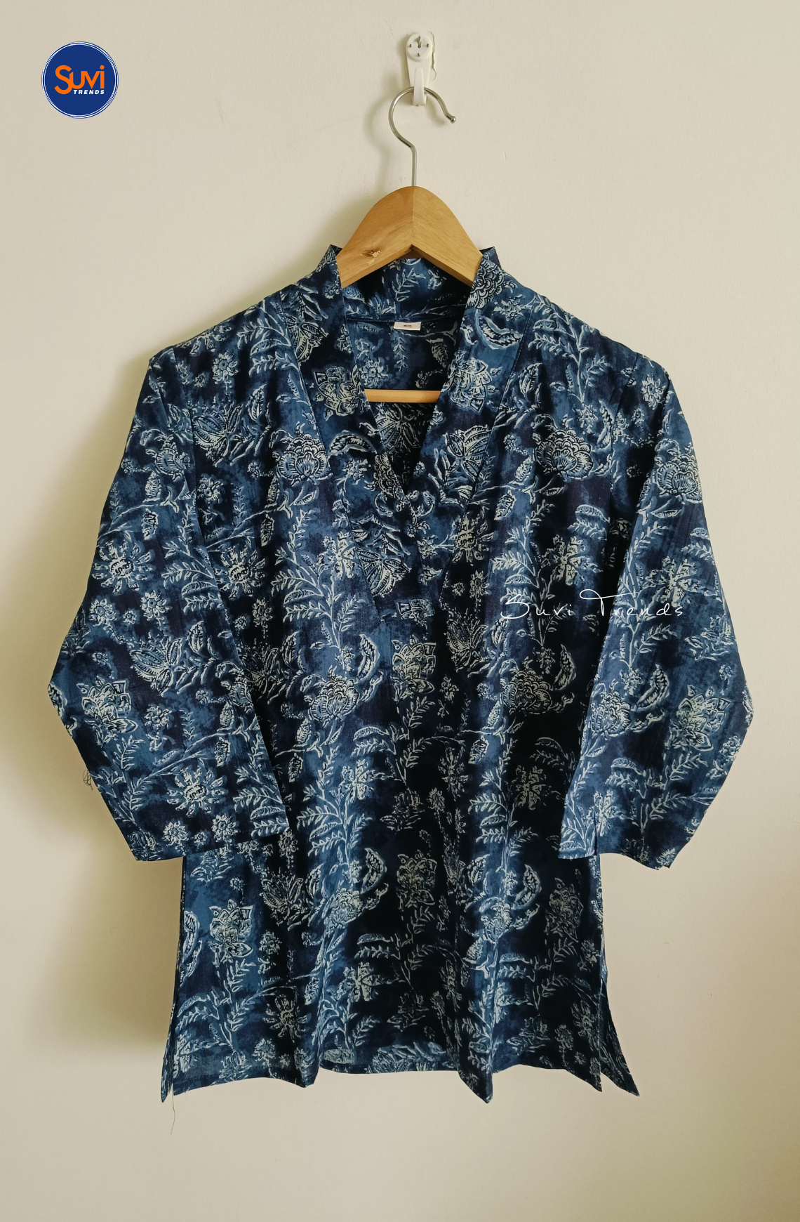 Cotton Printed V Neck Kurti - Blue