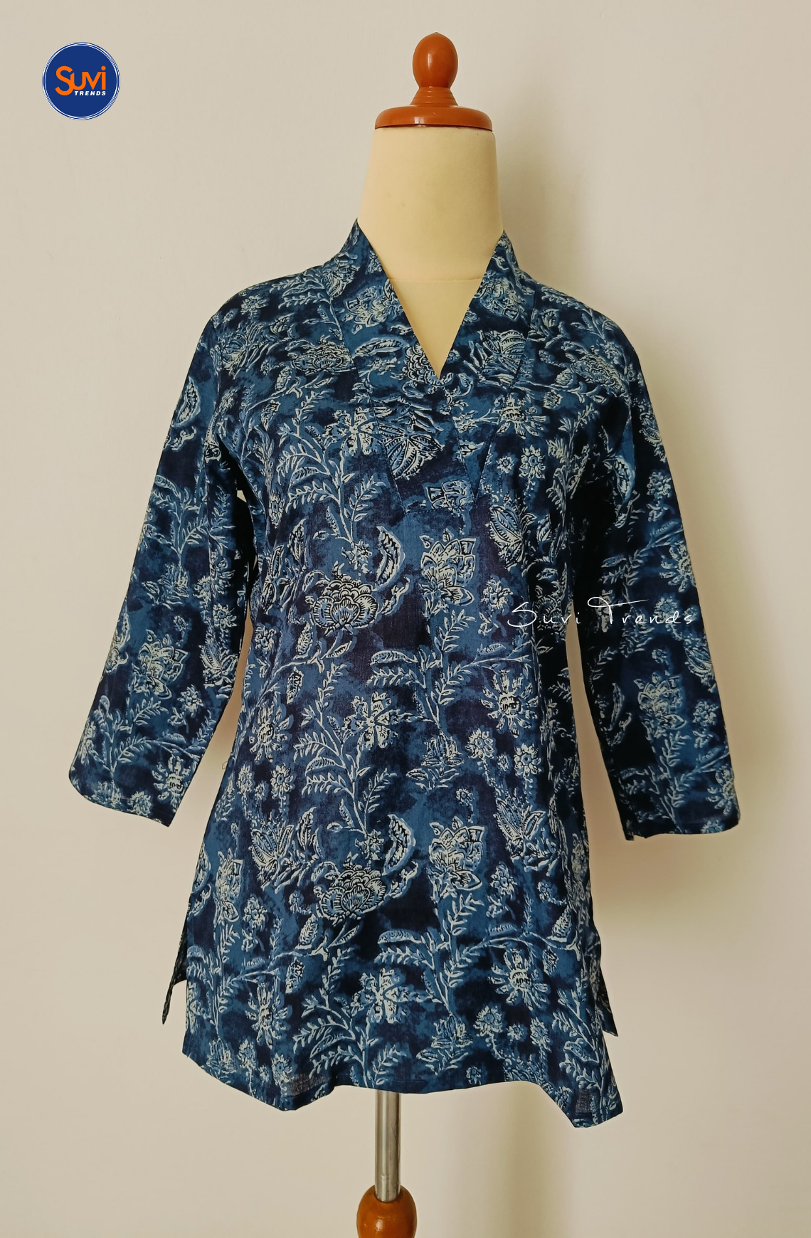 Cotton Printed V Neck Kurti - Blue
