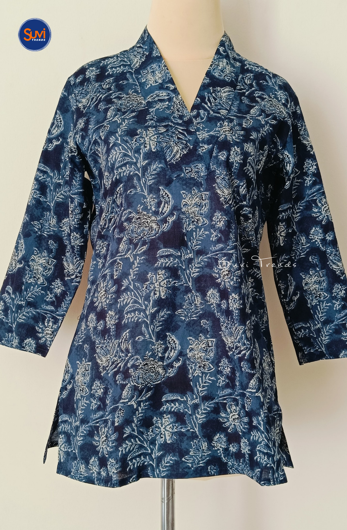 Cotton Printed V Neck Kurti - Blue