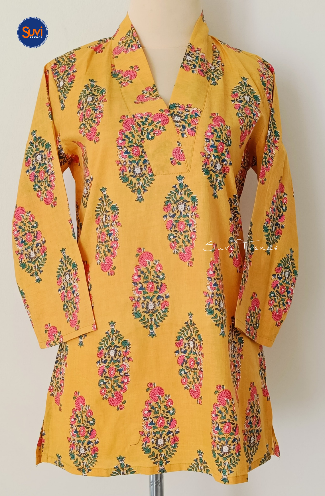 Cotton Floral Printed V Neck Kurti - Yellow