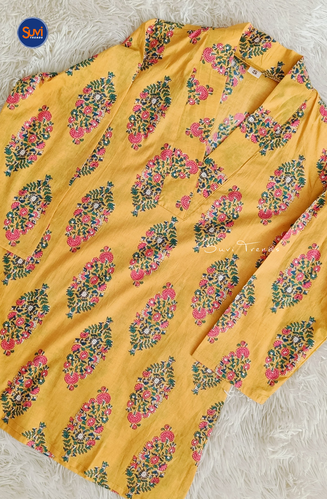 Cotton Floral Printed V Neck Kurti - Yellow