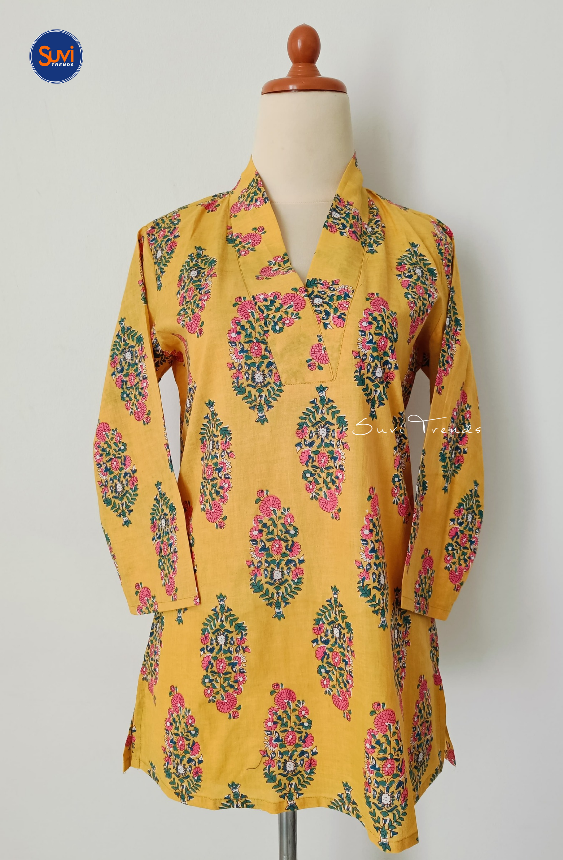 Cotton Floral Printed V Neck Kurti - Yellow