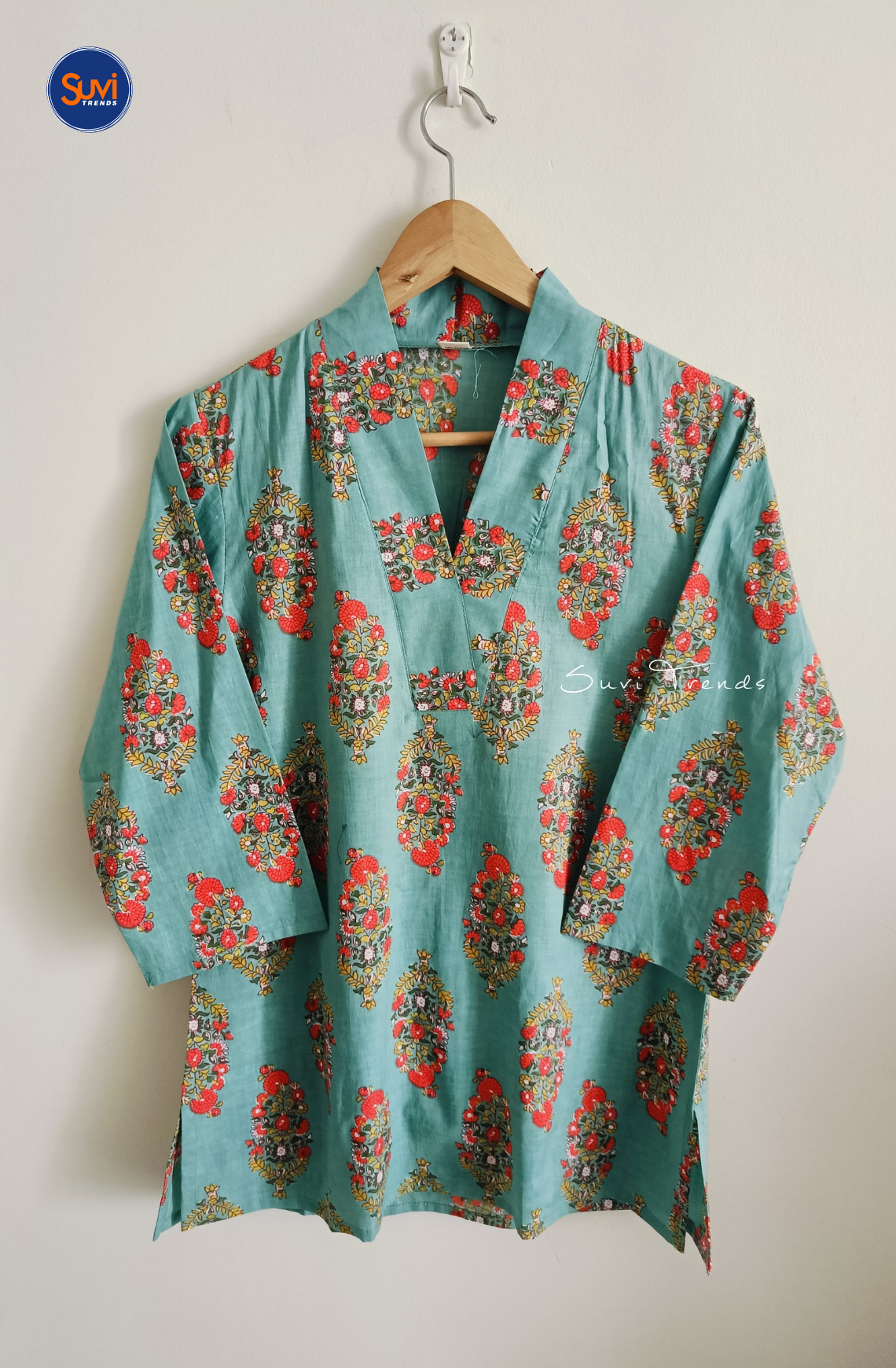Cotton Printed V Neck Kurti - Turquoise