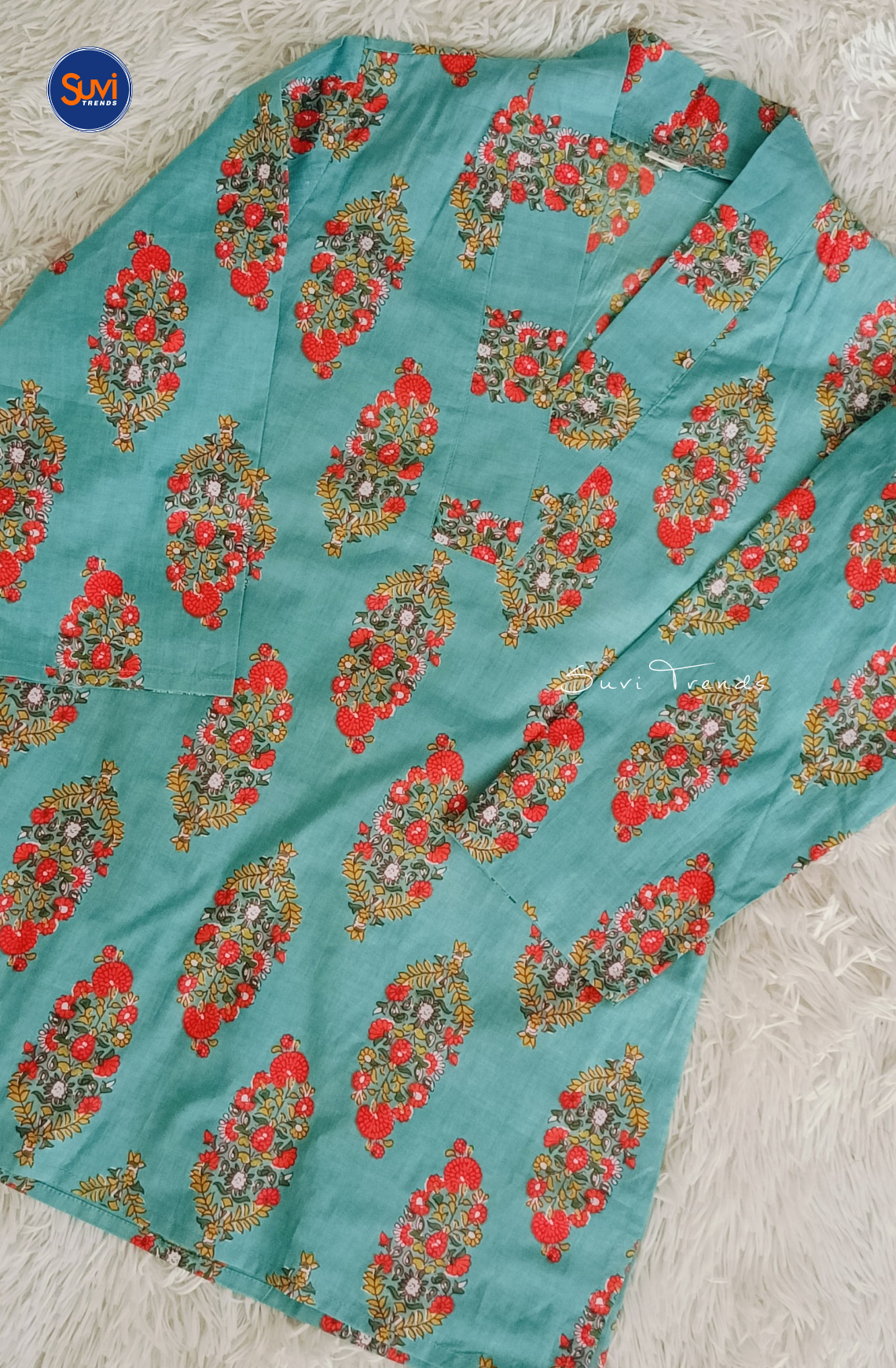 Cotton Printed V Neck Kurti - Turquoise