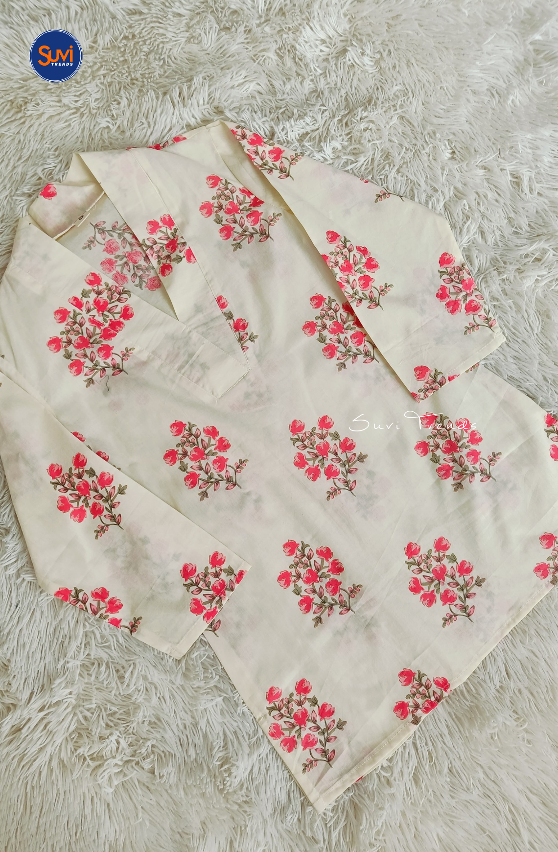 Cotton Floral Printed V Neck Kurti - White