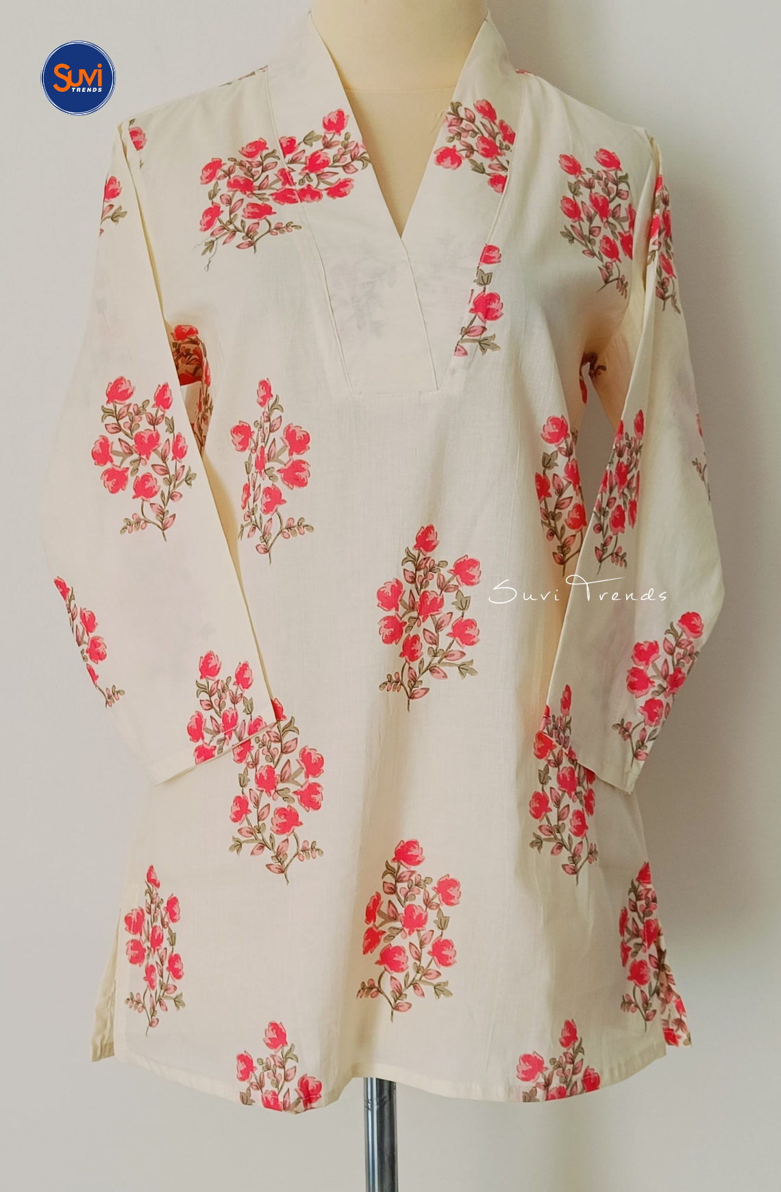 Cotton Floral Printed V Neck Kurti - White