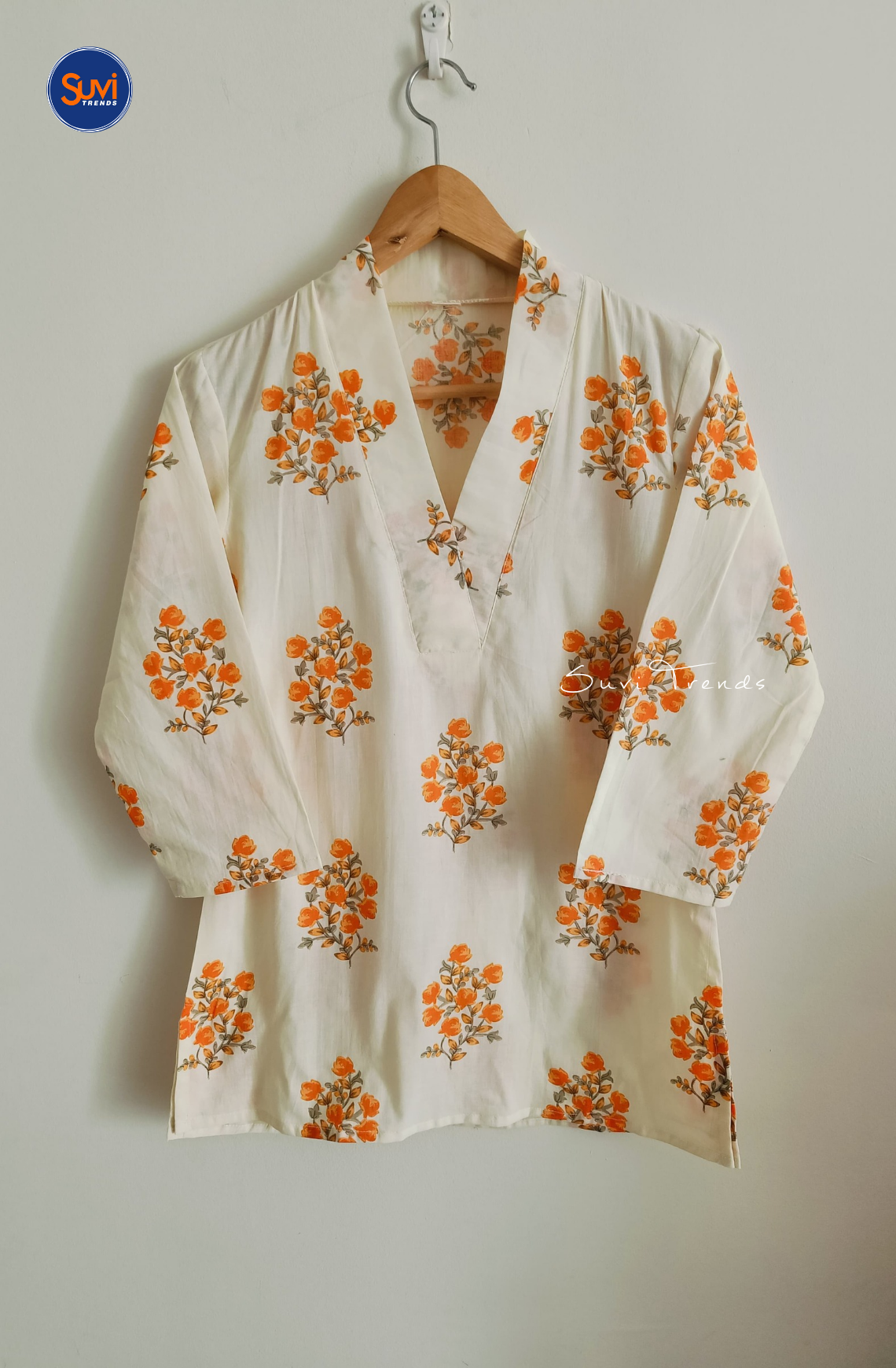 Cotton Floral Printed V Neck Kurti - White