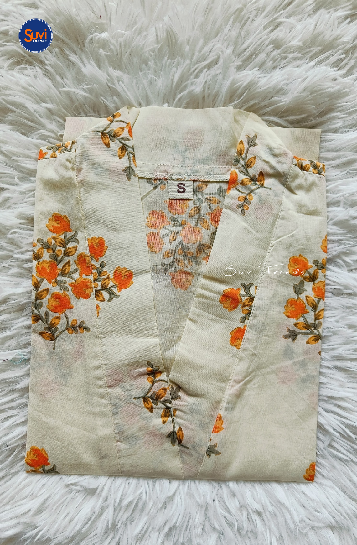 Cotton Floral Printed V Neck Kurti - White