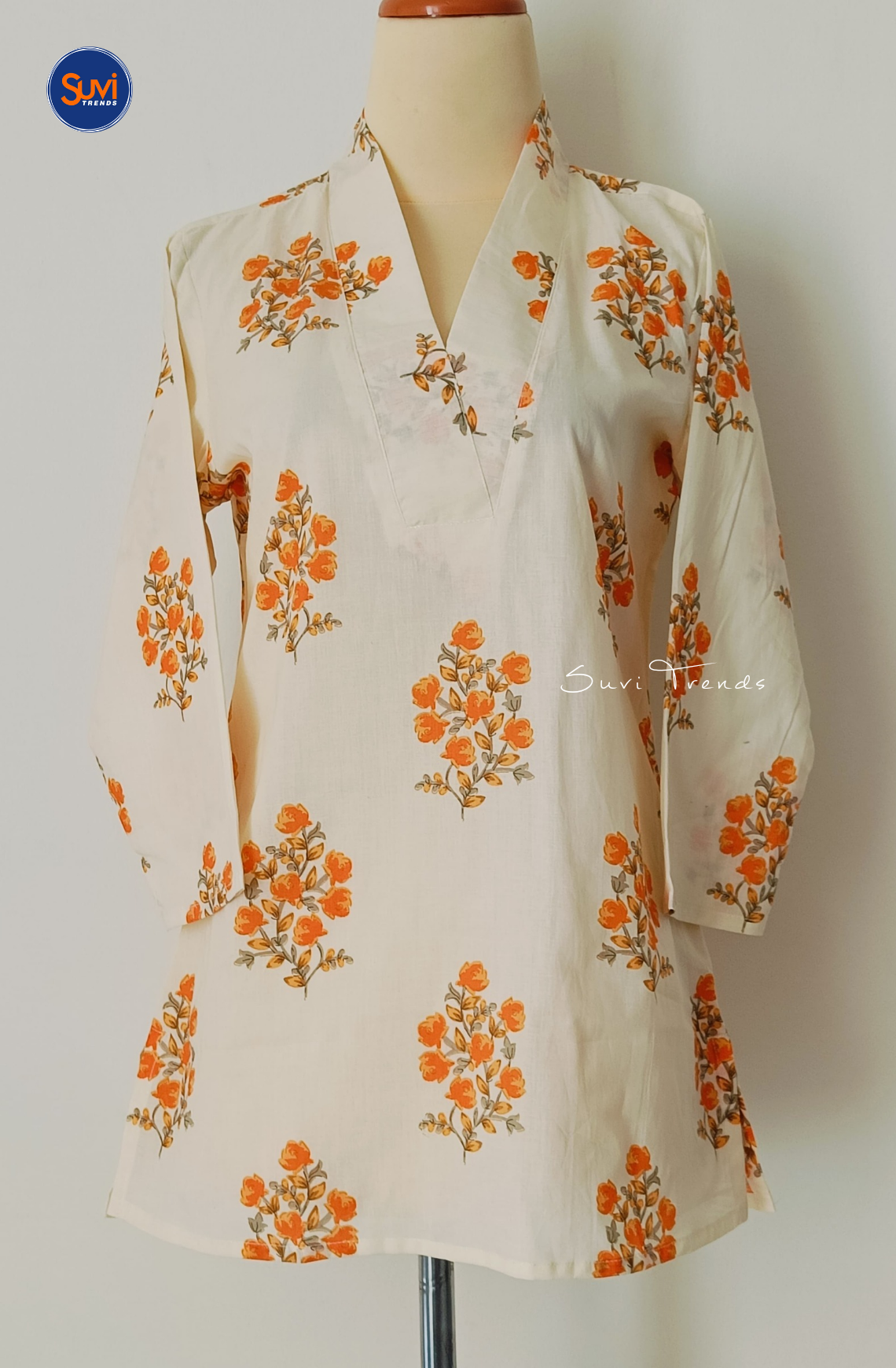 Cotton Floral Printed V Neck Kurti - White