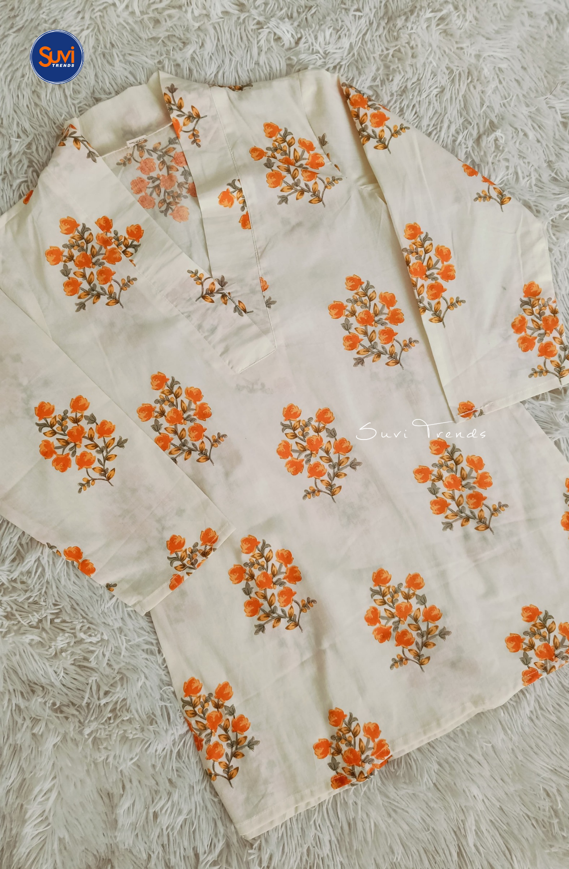 Cotton Floral Printed V Neck Kurti - White