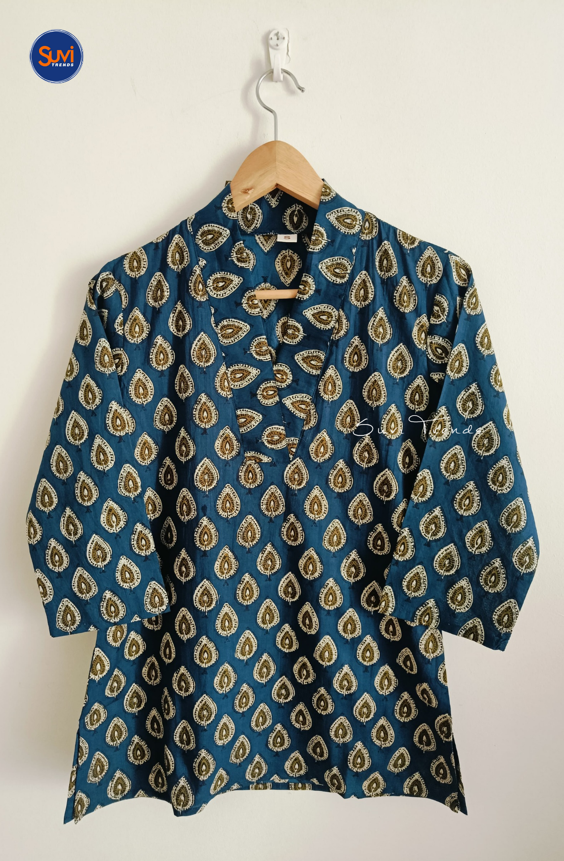 Cotton Printed V Neck Kurti - Navy Blue
