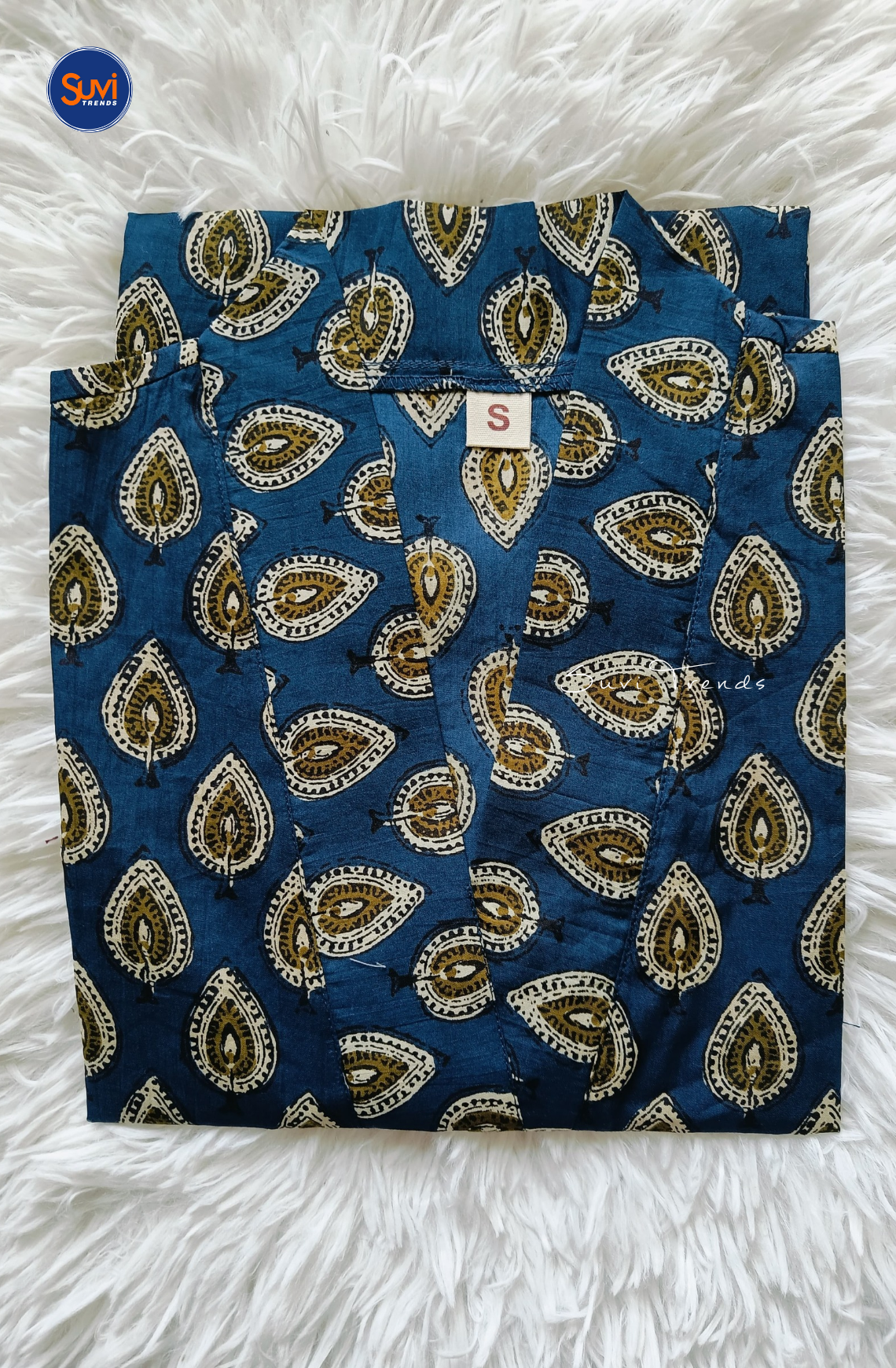 Cotton Printed V Neck Kurti - Navy Blue