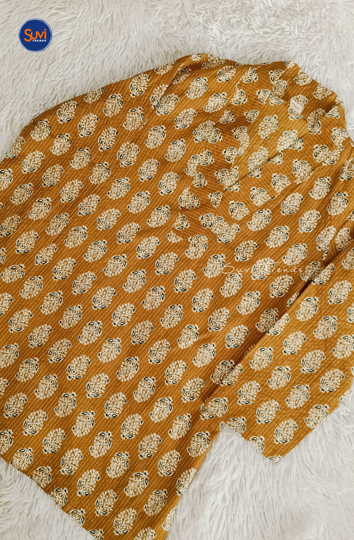 Cotton Printed V Neck Kurti - Mustard