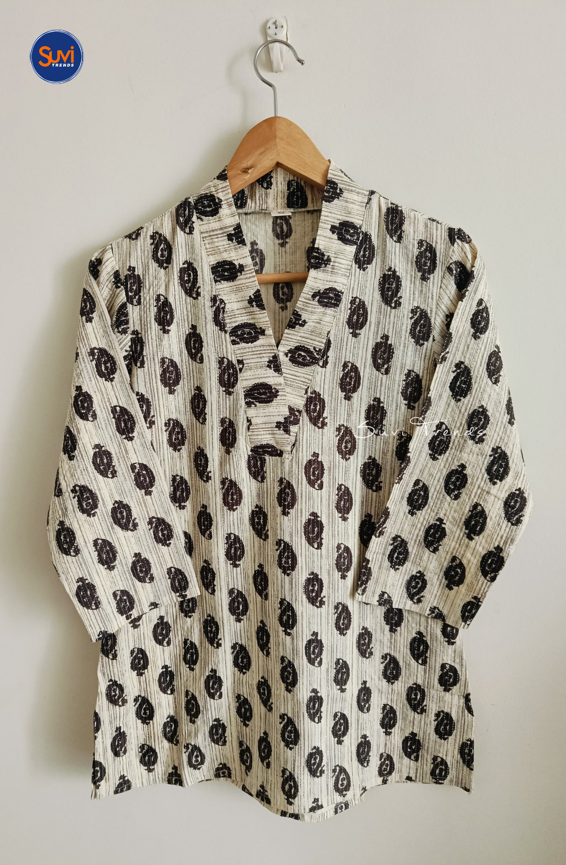 Cotton Printed V Neck Kurti - Off White