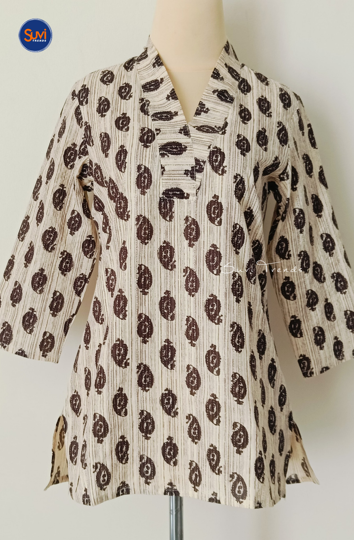 Cotton Printed V Neck Kurti - Off White
