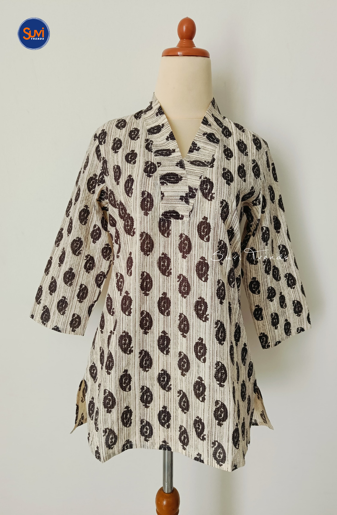 Cotton Printed V Neck Kurti - Off White