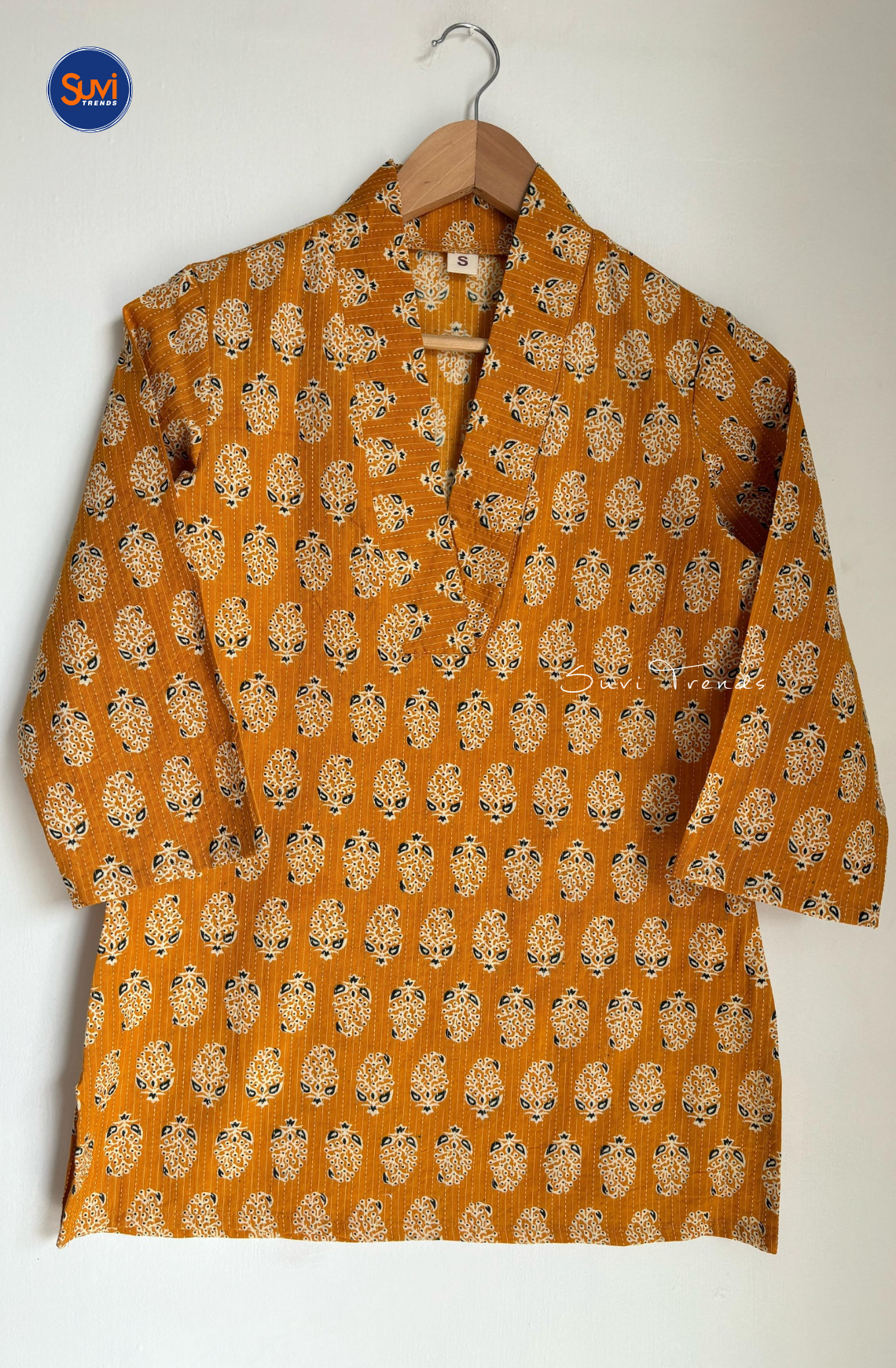 Cotton Printed V Neck Kurti - Yellow