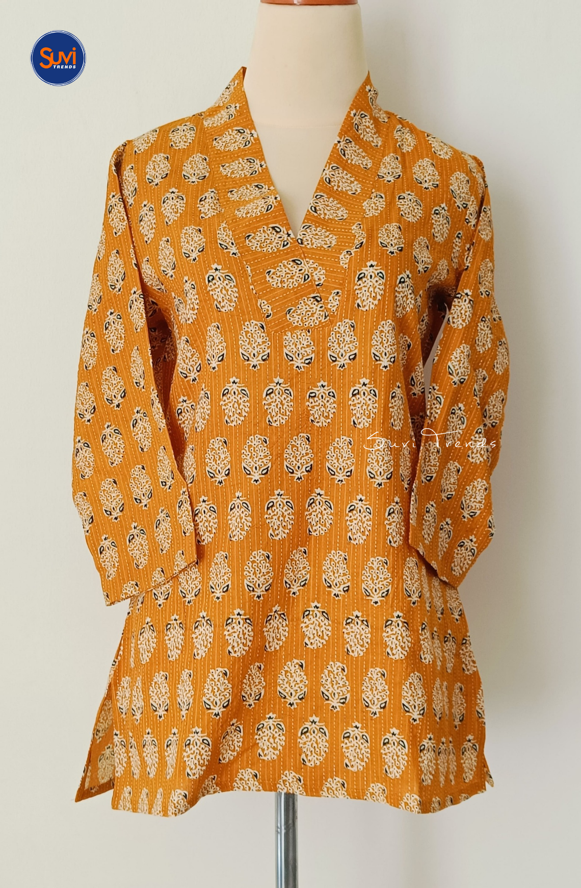 Cotton Printed V Neck Kurti - Yellow