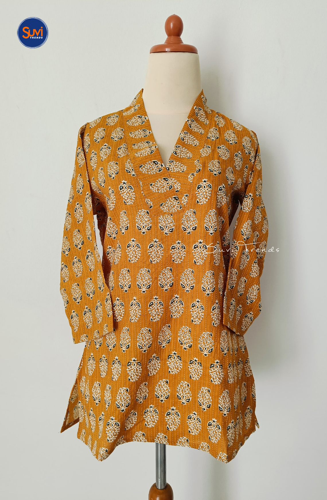 Cotton Printed V Neck Kurti - Yellow