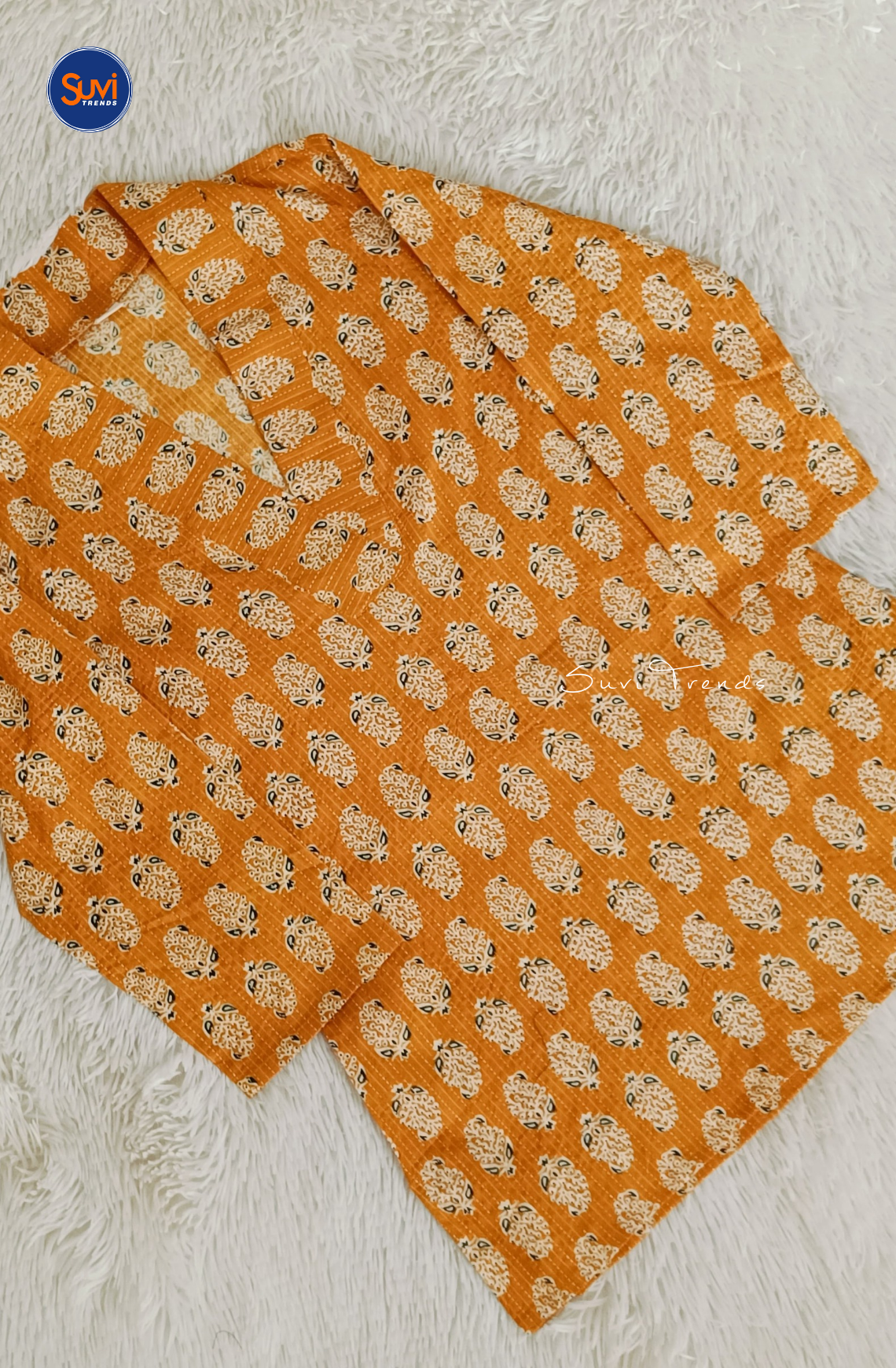 Cotton Printed V Neck Kurti - Yellow