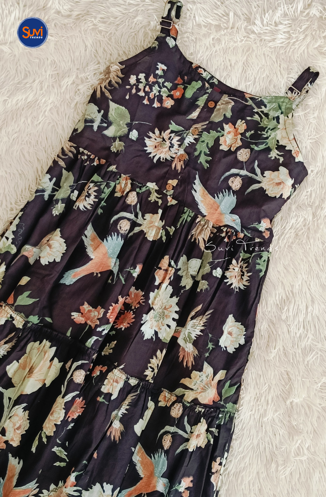 Cotton Printed Sleeveless Long Dress - Black