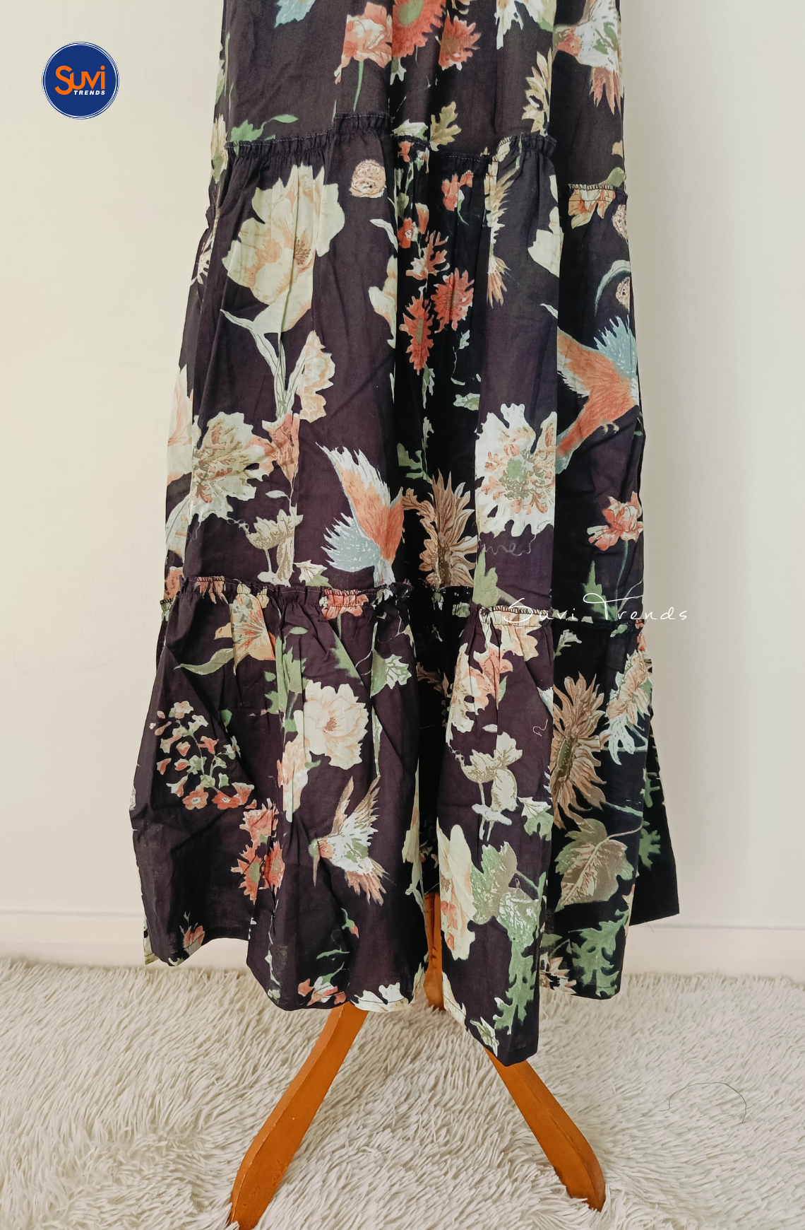 Cotton Printed Sleeveless Long Dress - Black