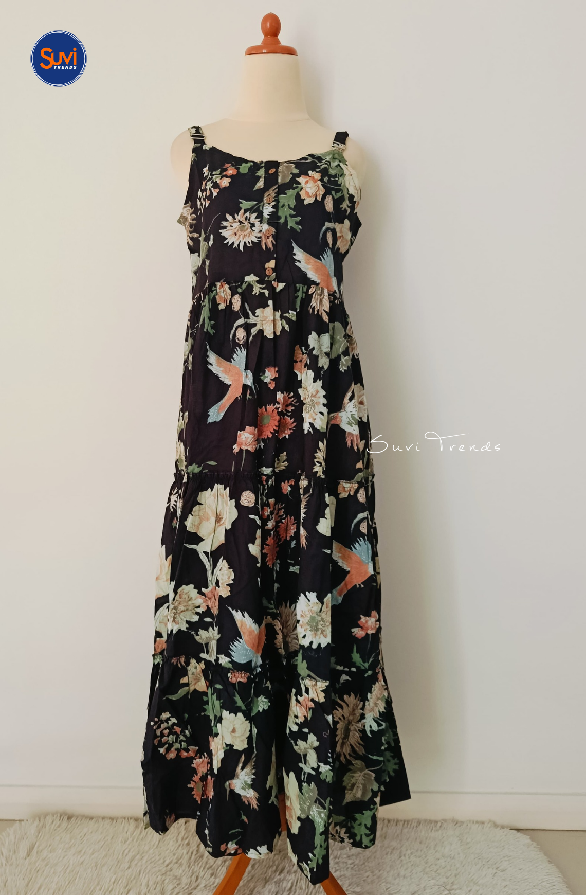 Cotton Printed Sleeveless Long Dress - Black