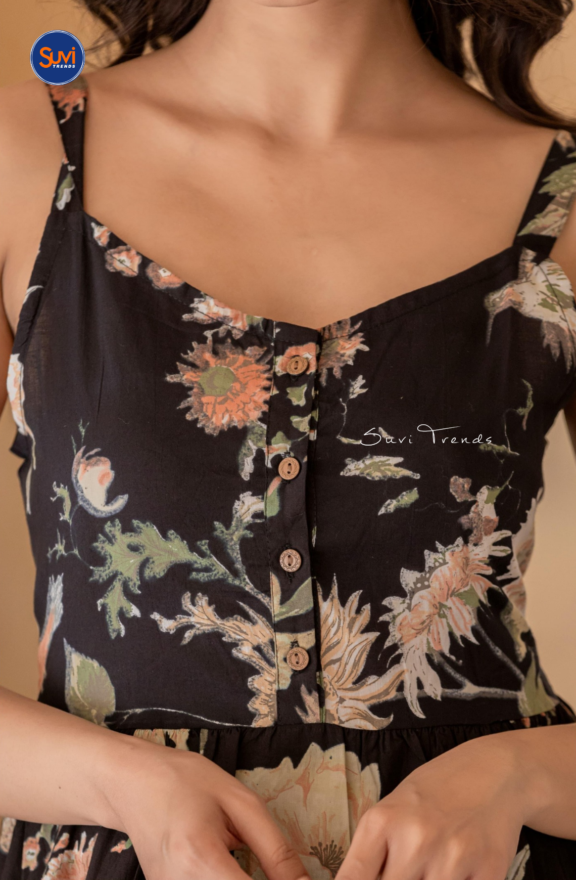 Cotton Printed Sleeveless Long Dress - Black