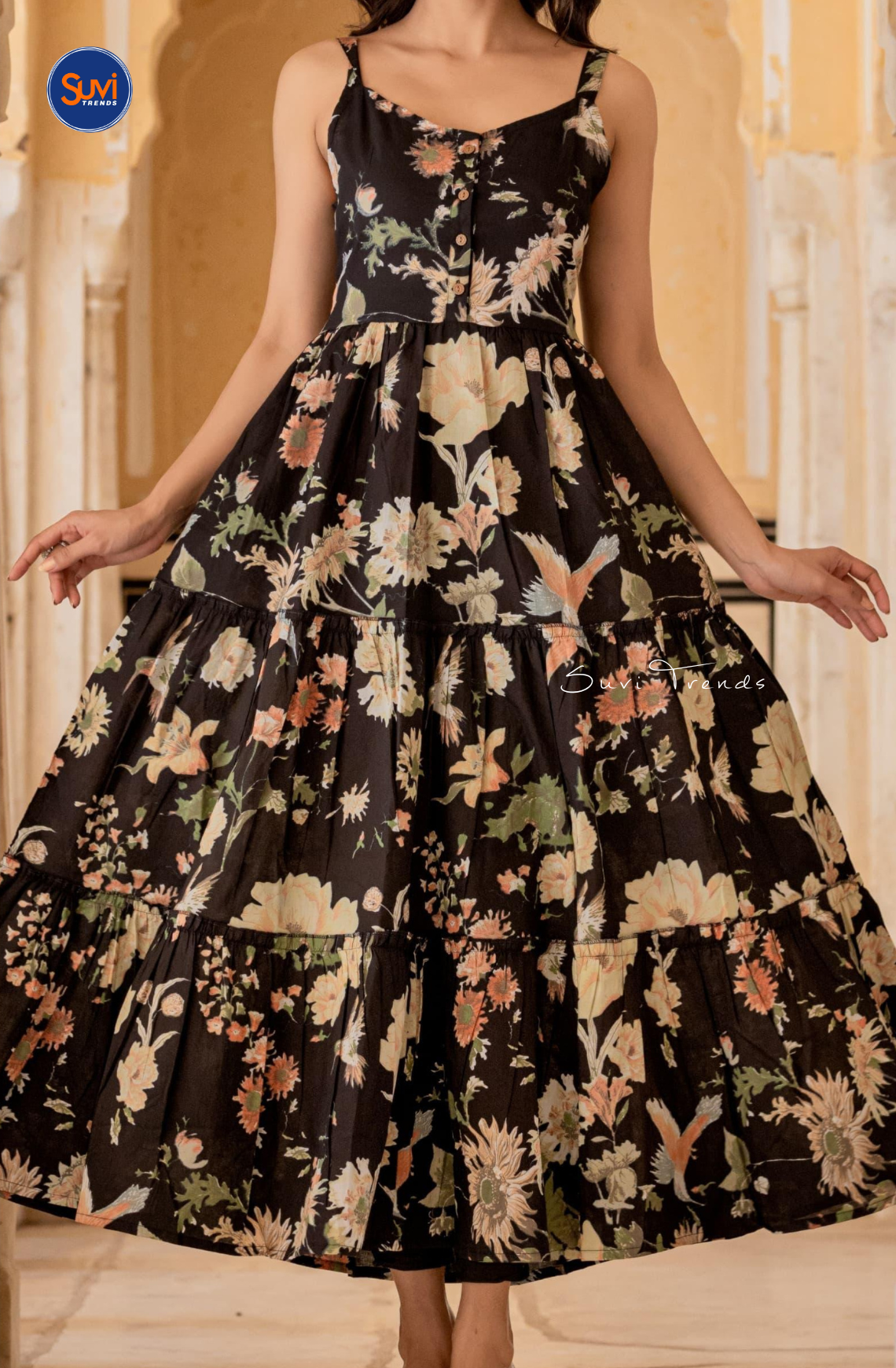 Cotton Printed Sleeveless Long Dress - Black