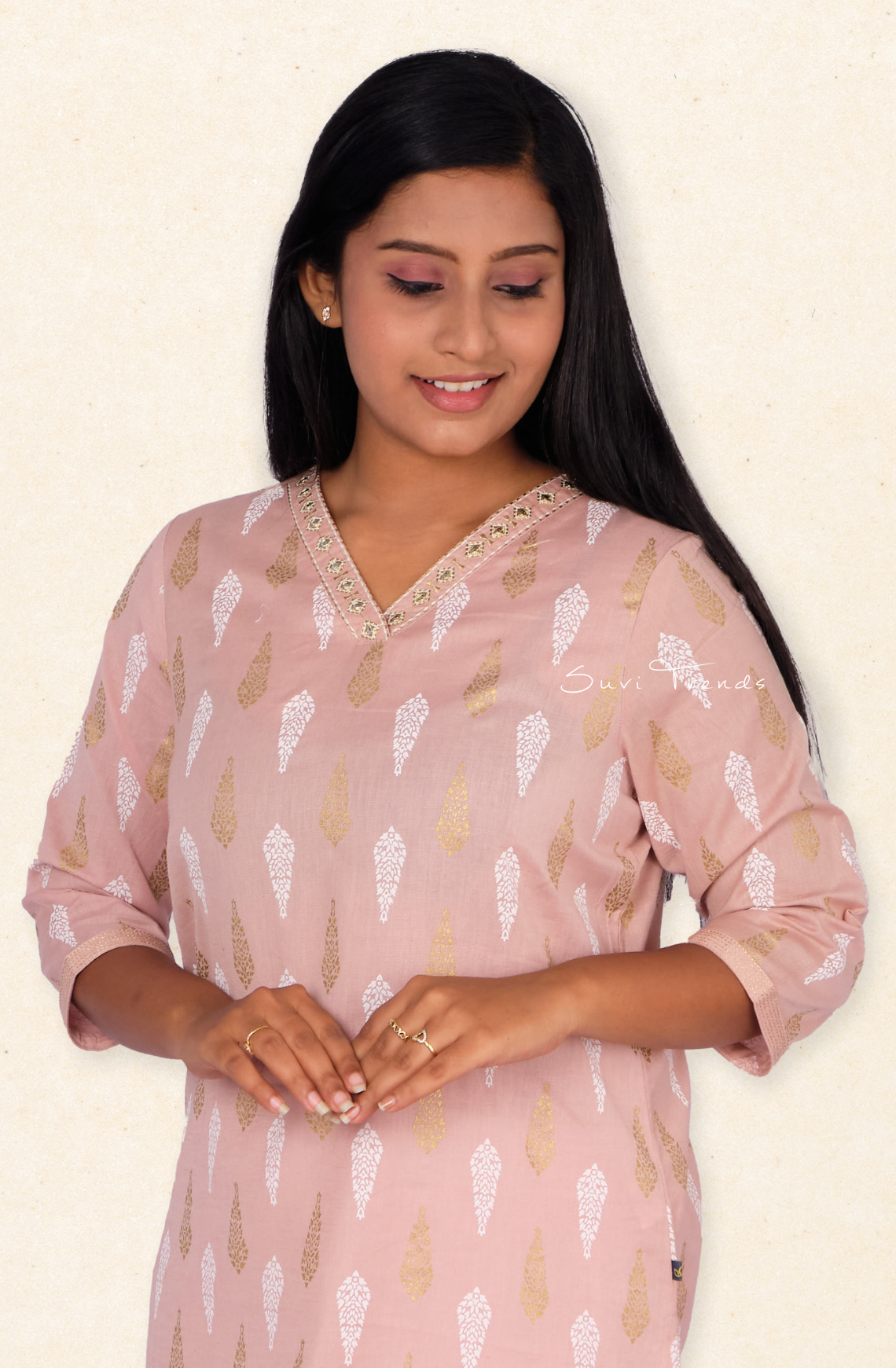 Printed V-neck Straight Kurta - Beige