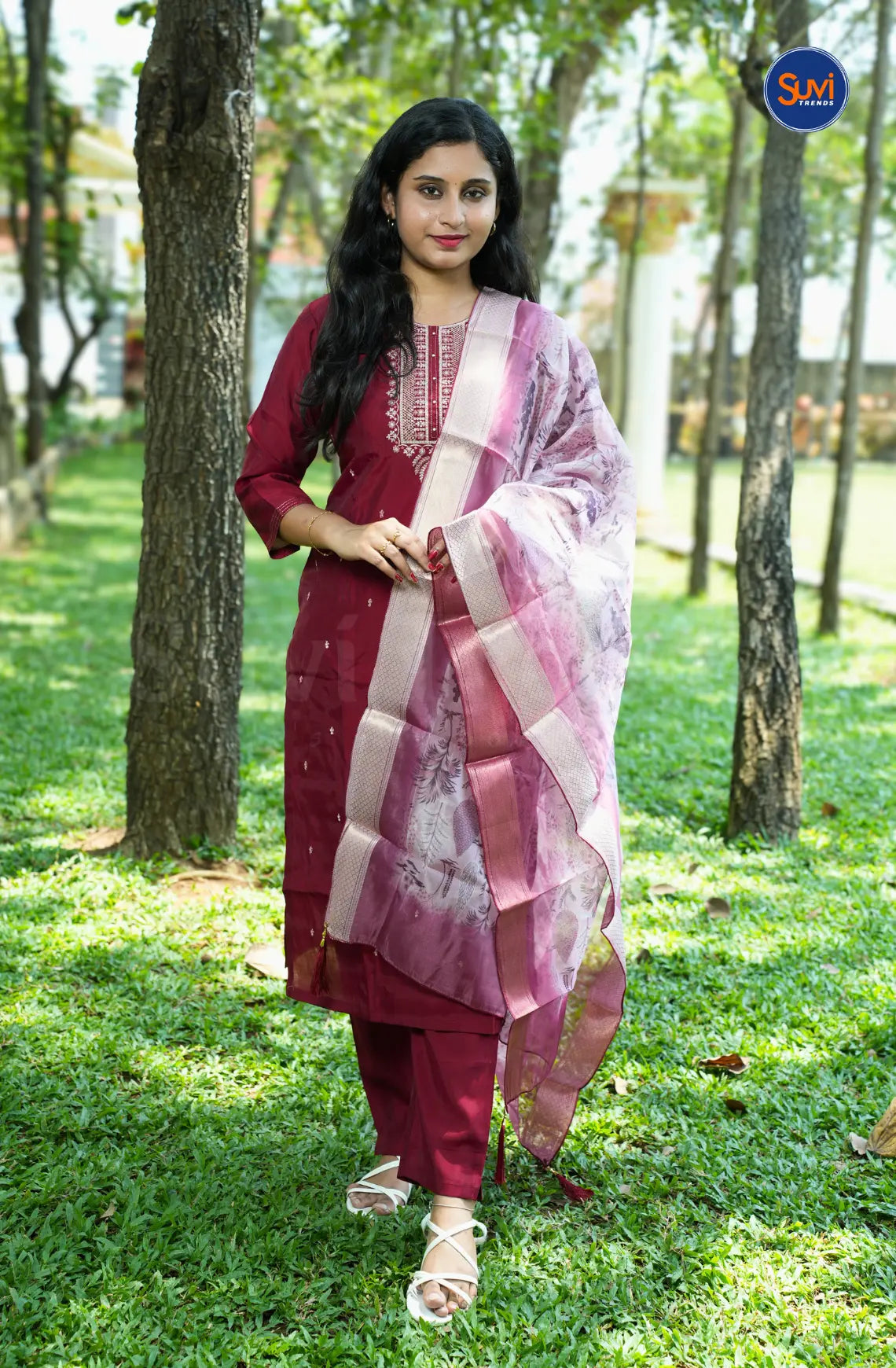 Sequins Embroidery Suit Set with Organza Dupatta - Dark Red