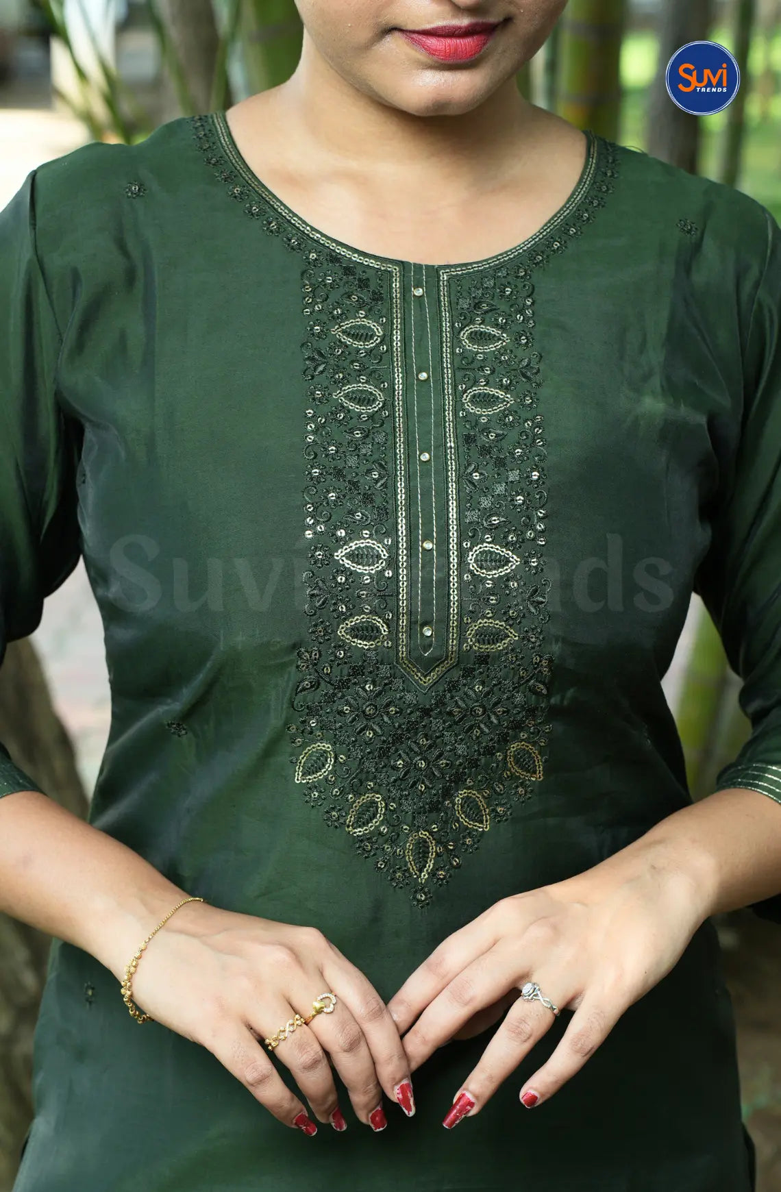 Sequins Embroidery Suit Set with Organza Dupatta - Bottle Green