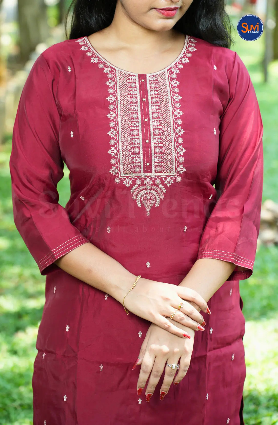 Sequins Embroidery Suit Set with Organza Dupatta - Dark Red