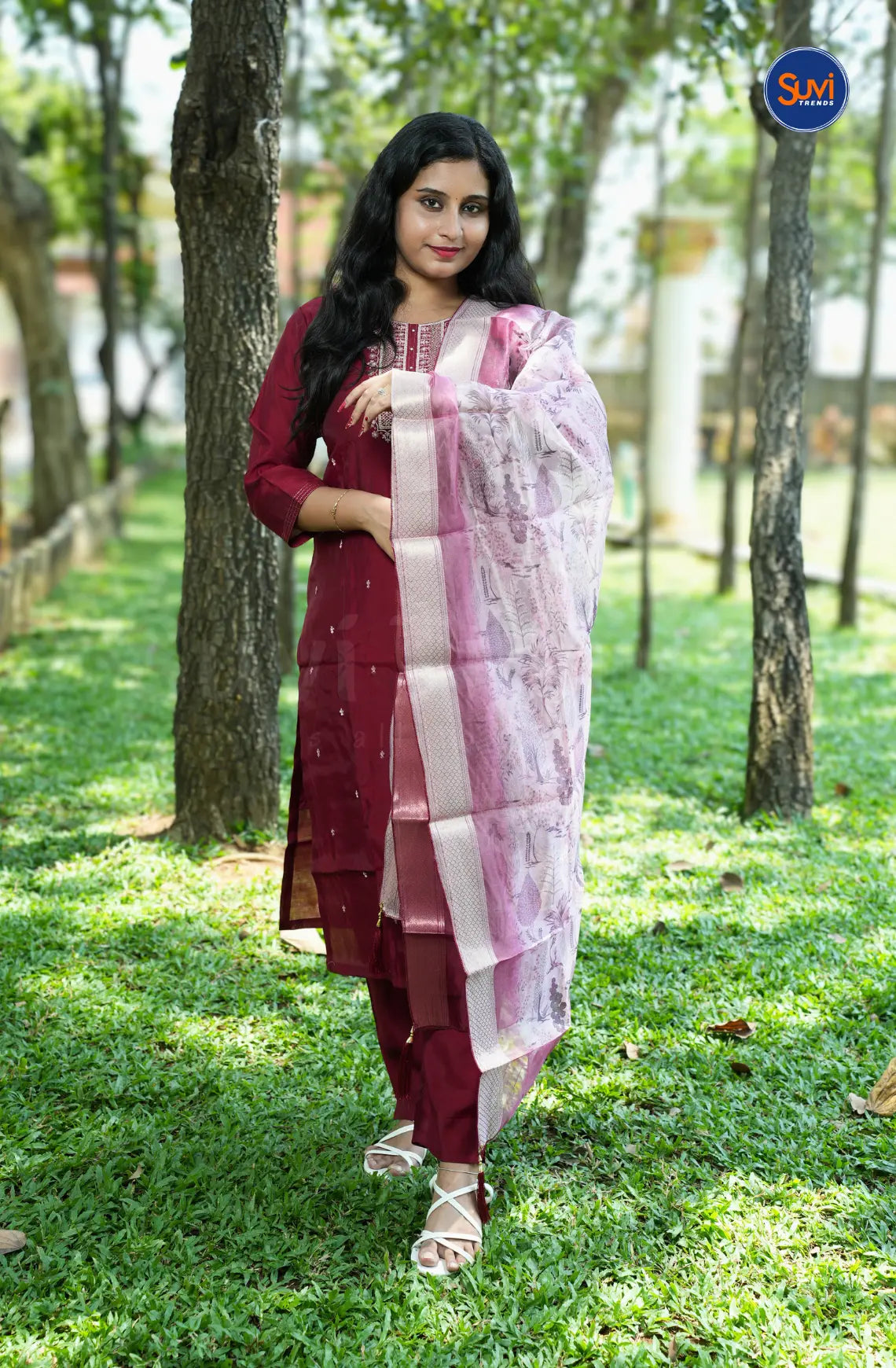 Sequins Embroidery Suit Set with Organza Dupatta - Dark Red