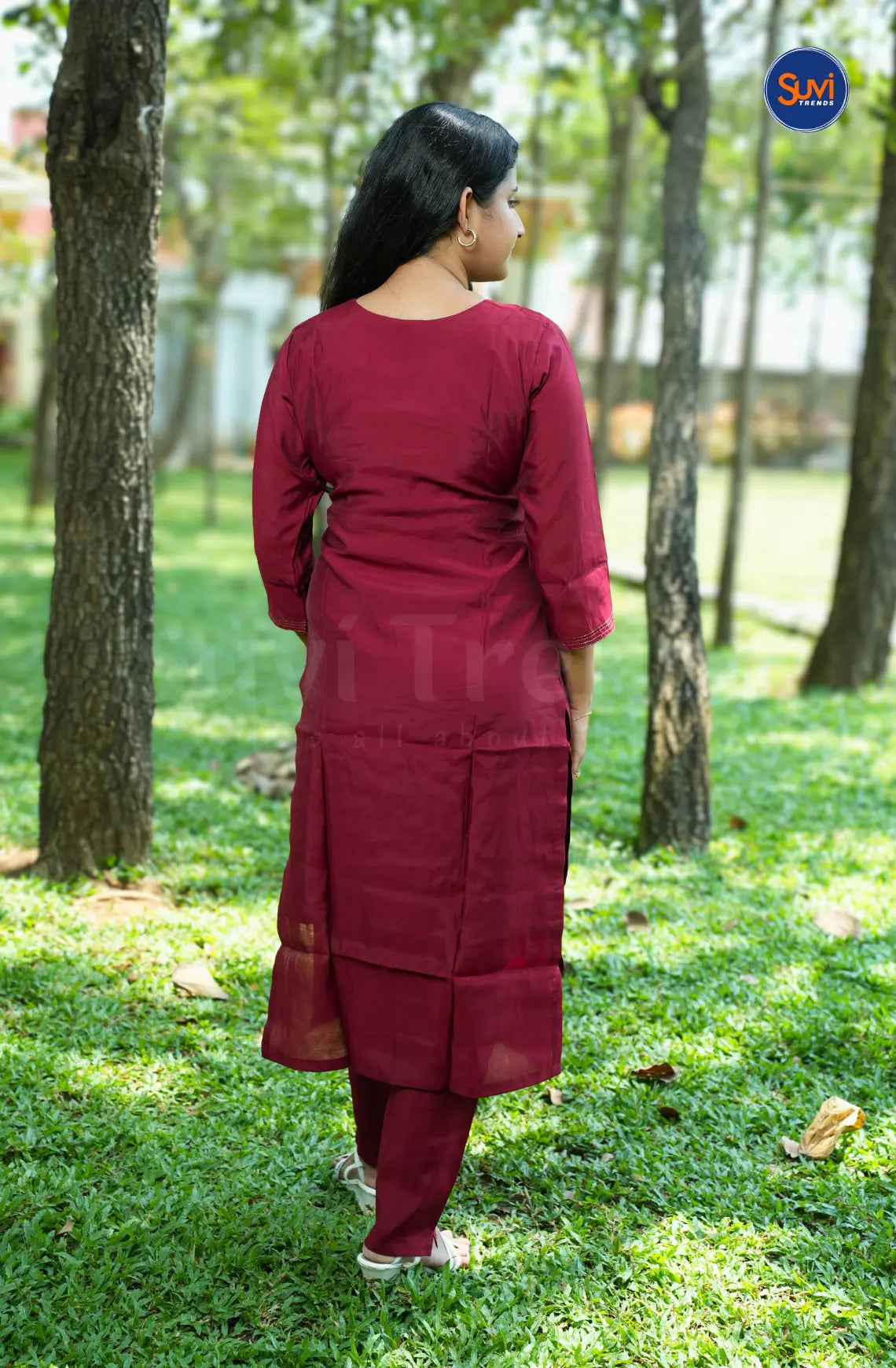 Sequins Embroidery Suit Set with Organza Dupatta - Dark Red