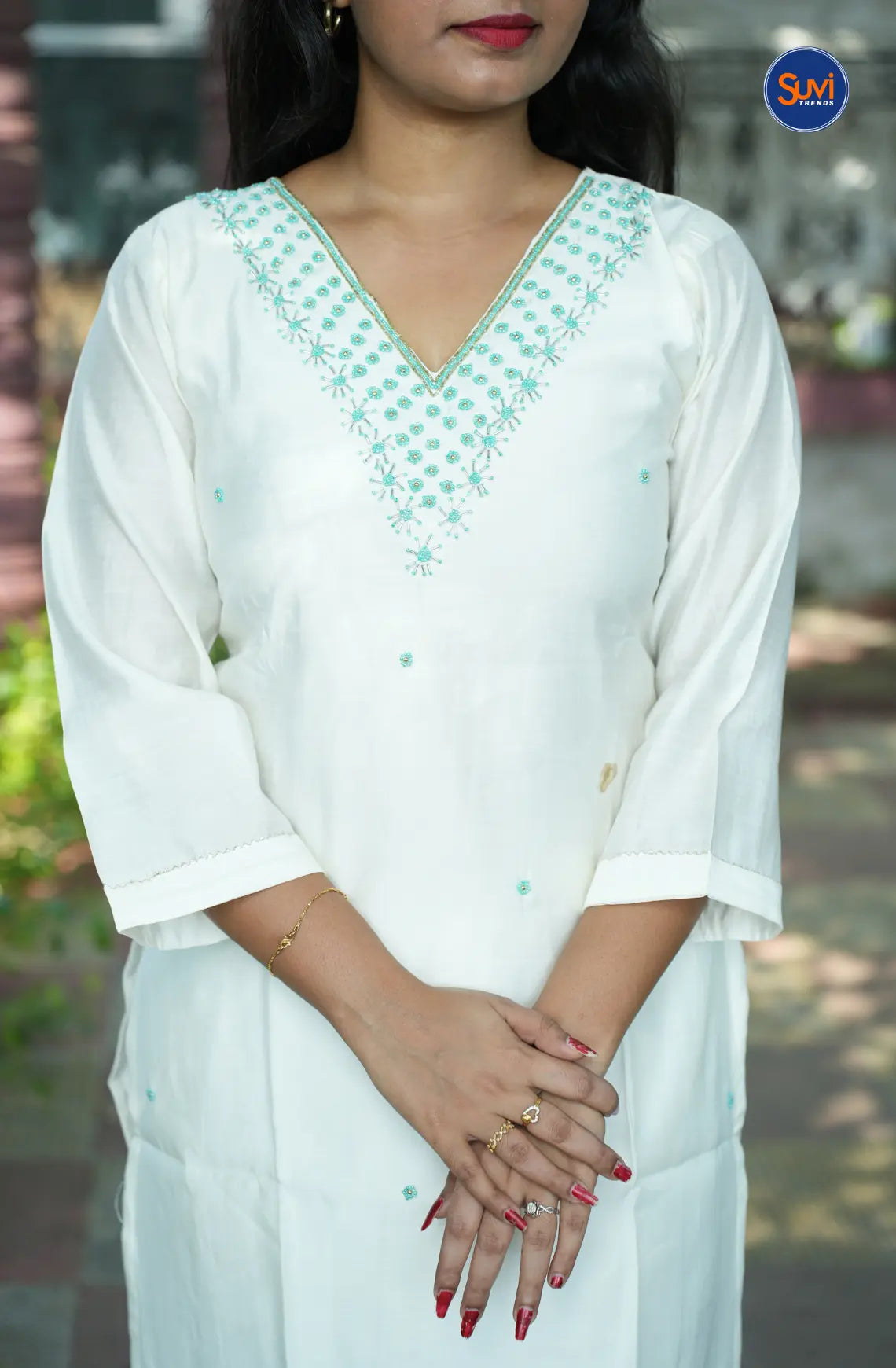 Silk Suit Set with Bead Work - Off White