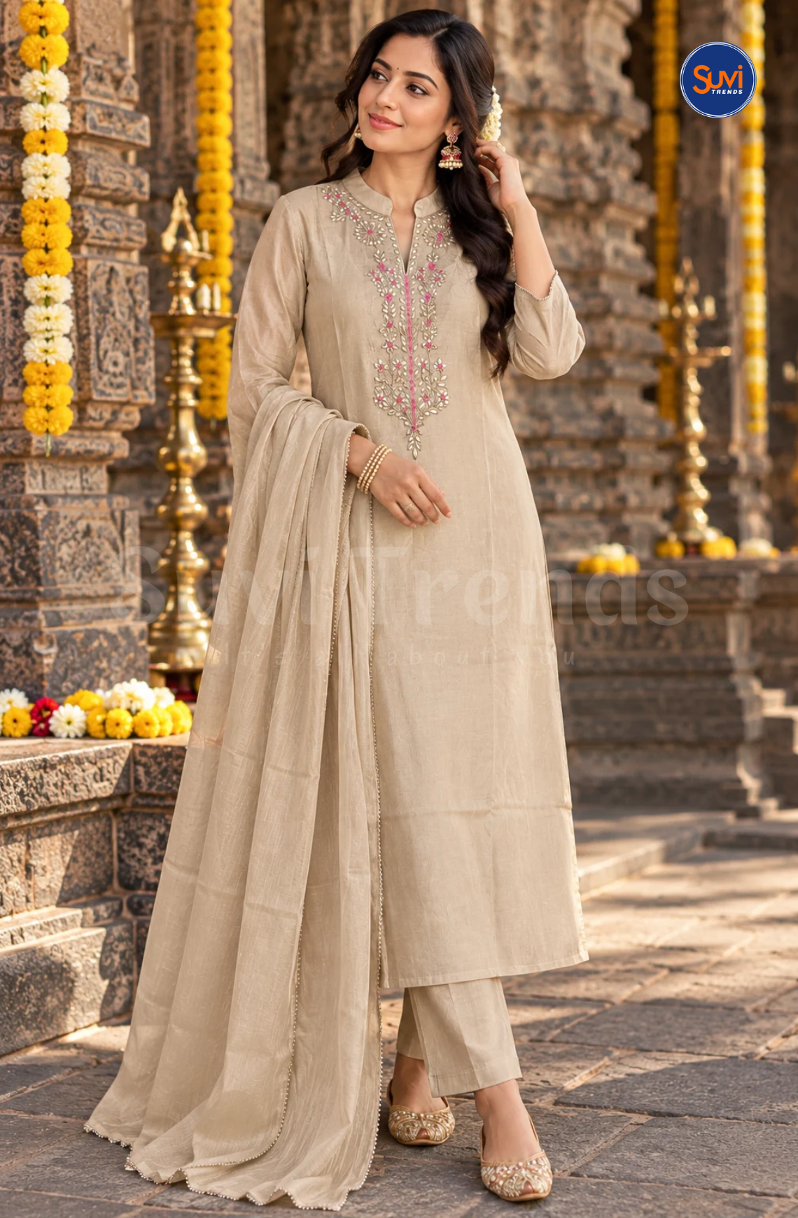Solid Suit Set with Floral Work - Beige