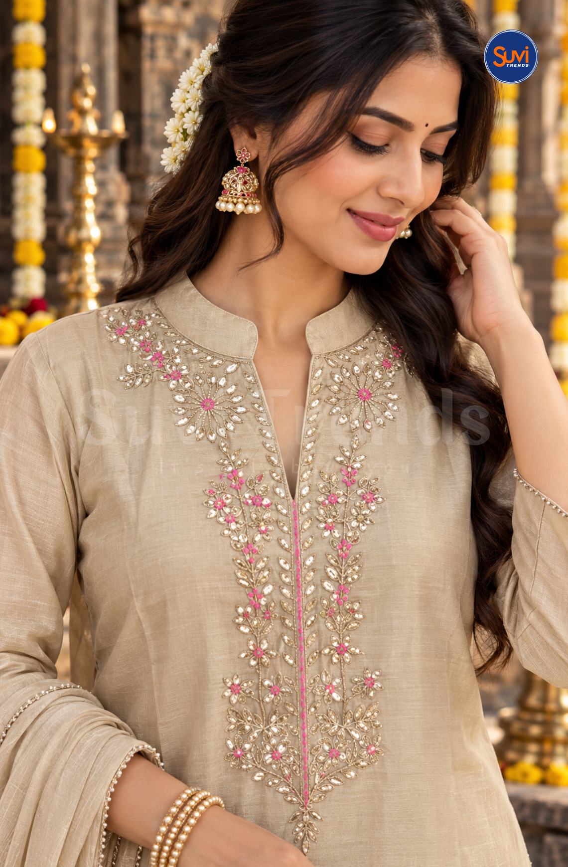 Solid Suit Set with Floral Work - Beige