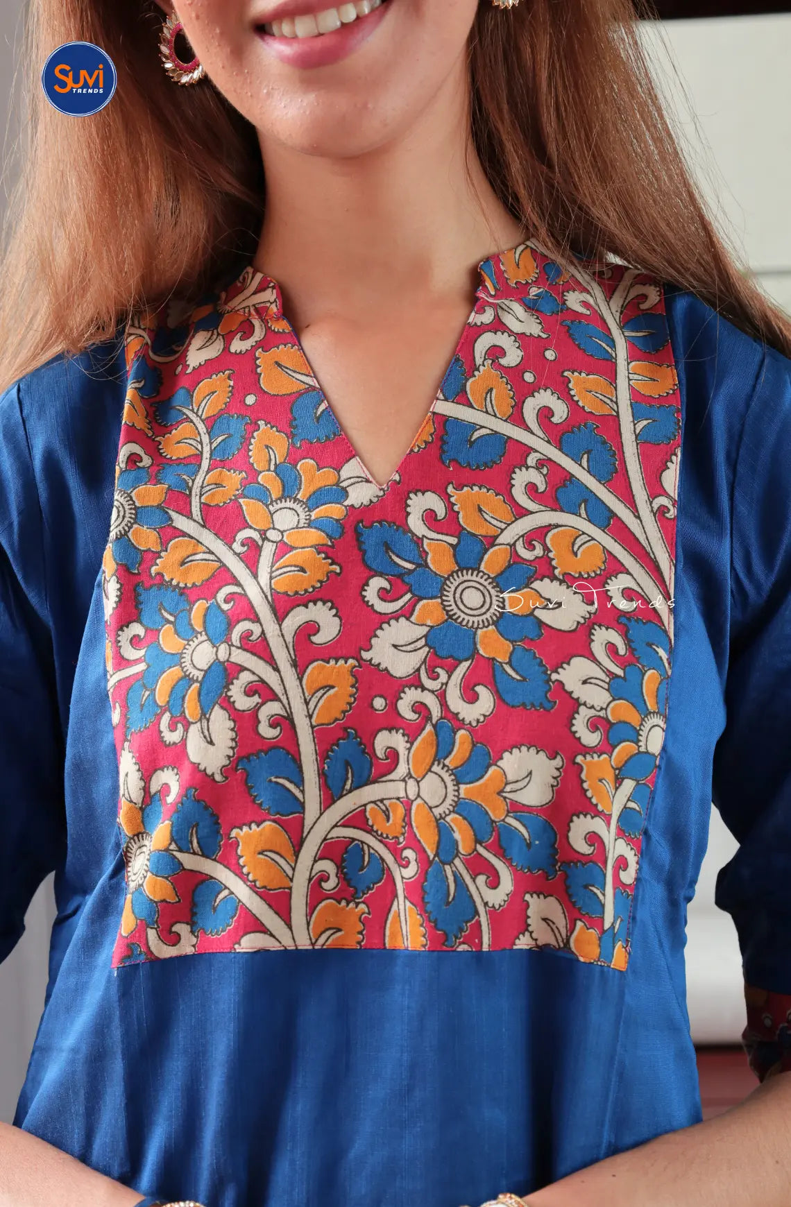 Solid Long Kurta with Kalamkari Yoke - Blue