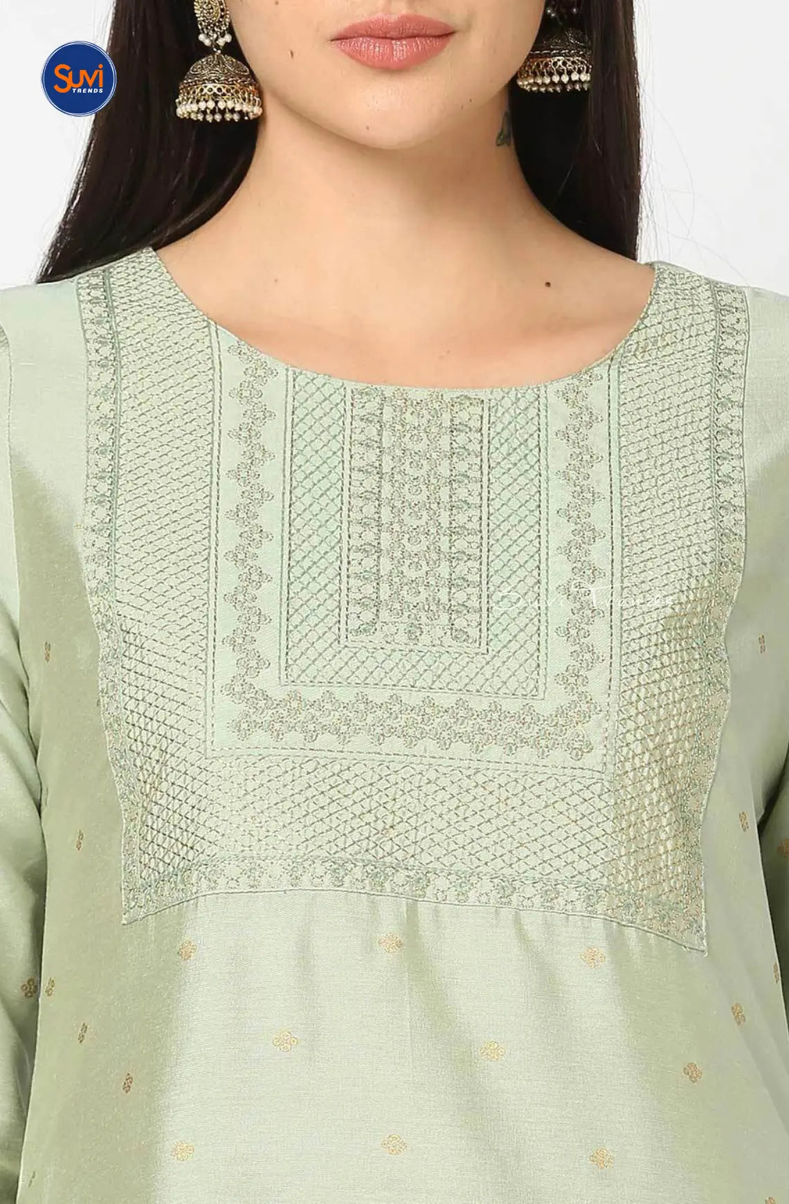 Straight Kurta with Embroidered Yoke - Mint